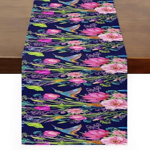 Table Runner Colorful Flowers Birds, Autumn Rustic Linen Table Cloth Kitchen Dining Table Decor for Home Party 13 x 72 Inches