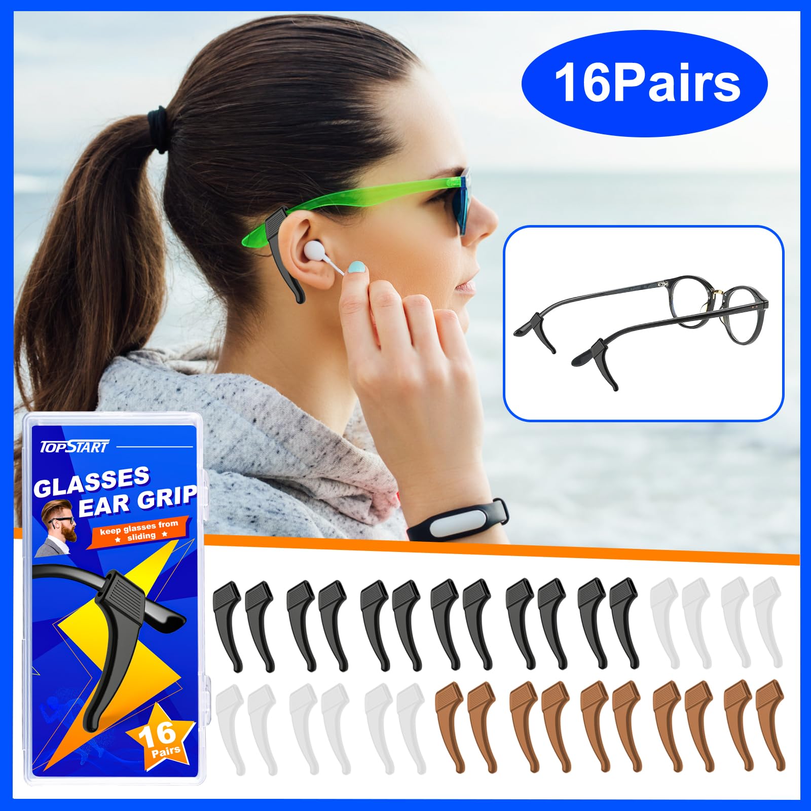 16 pares de pinzas para gafas con caja de almacenamiento, soporte antideslizante de silicona para las orejas