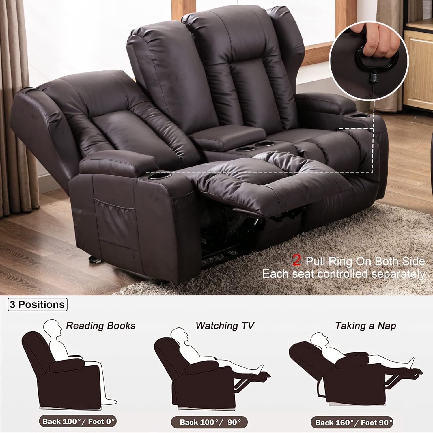 IPKIG Manual Loveseat Recliner - Wingback Design Reclining Loveseat with Console, Storage Space, 4 Cup Holders and 5 Pockets, Theater Seating for Home Living Room (Brown Loveseat)