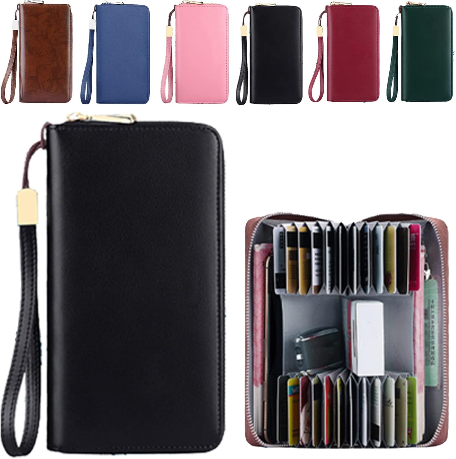 DKKDUnisex Anti-credit Card Fraud Multi-compartment Wallet, 24 Slots RFID Blocking Card Holder Large Long Leather Zipper Organizer Accordion Wallet, Huge Storage Capacity (Black)