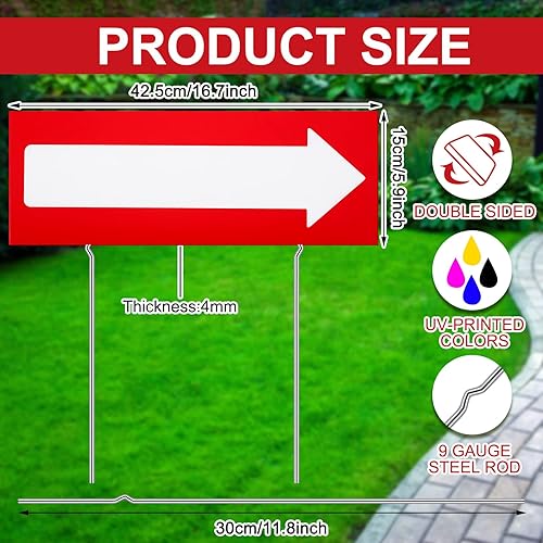 Miniatura 2 de Letrero de flecha de plástico corrugado de 17 x 6 pulgadas, letrero direccional rojo y blanco de doble cara con estacas de metal resistentes de 12