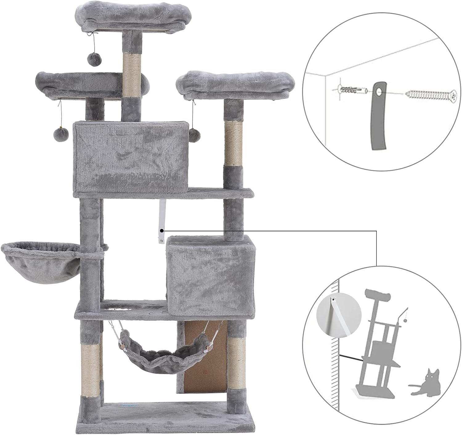 Hey-brother 63'' Multi-Level Cat Tree, King Cat Condo with Cozy Perches, Stable Cat Tower Pet Play House (Light Gray) MPJ024W