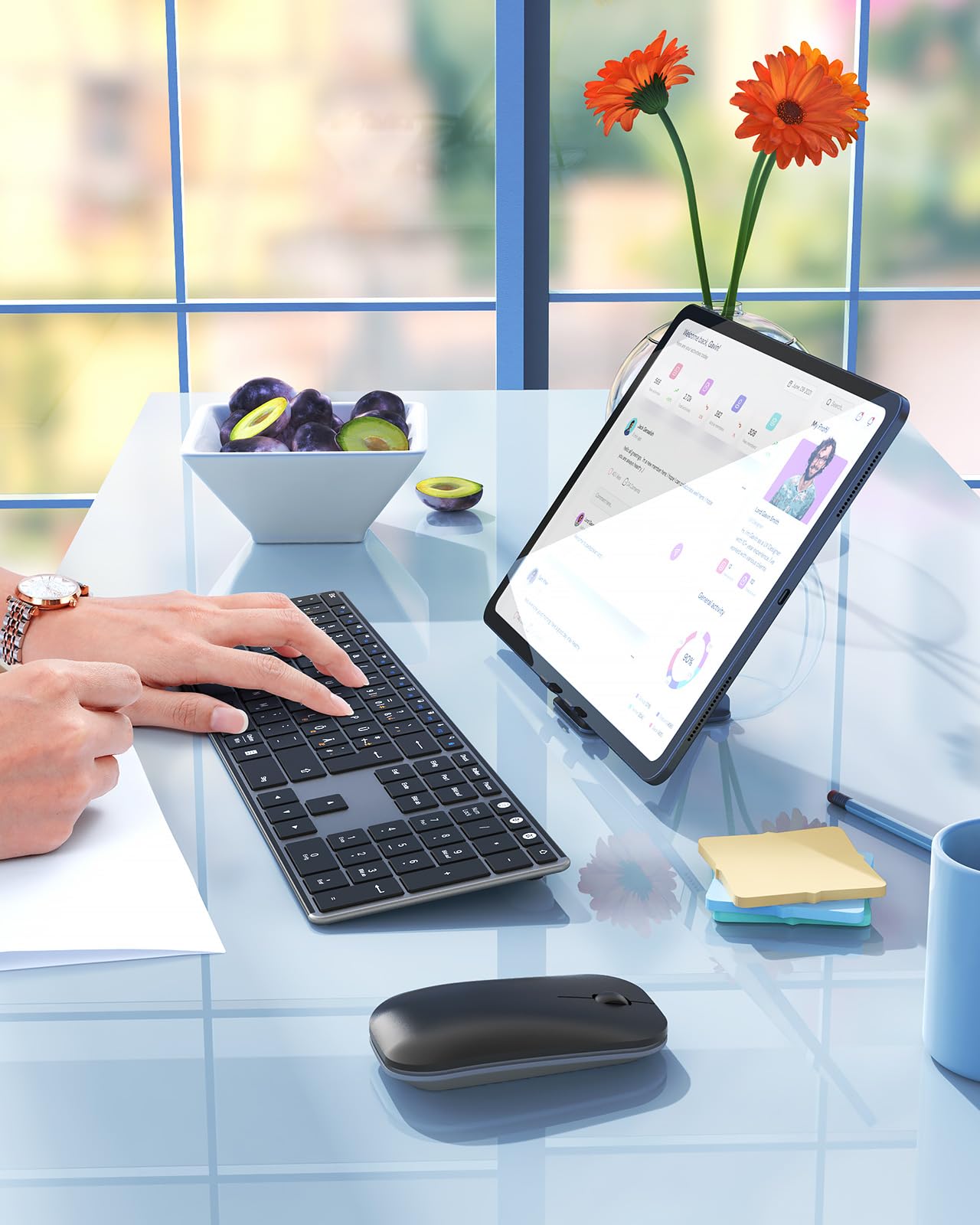 seenda SKM64-3 Clavier Bluetooth avec souris, clavier sans fil pour Windows/Mac/iPad/Android, souris sans fil ultra fine + silencieuse, connexion à 3 appareils, disposition QWERTZ (gris)