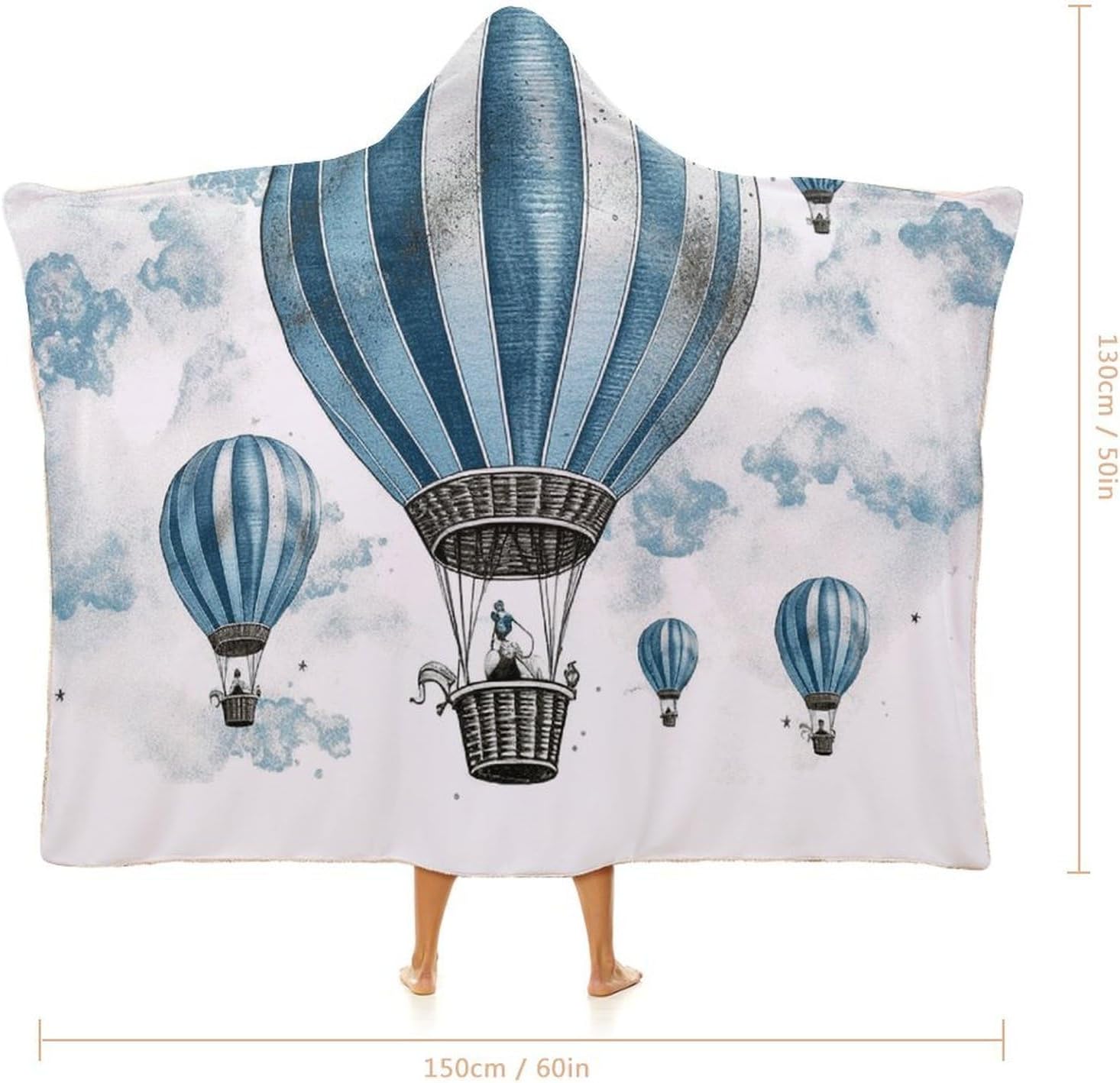 Blue Hot Air Balloon Wearable Hooded Blanket, Ultra Soft Arctic Velvet Cape Cloak Unisex - Cozy Wearable Blanket