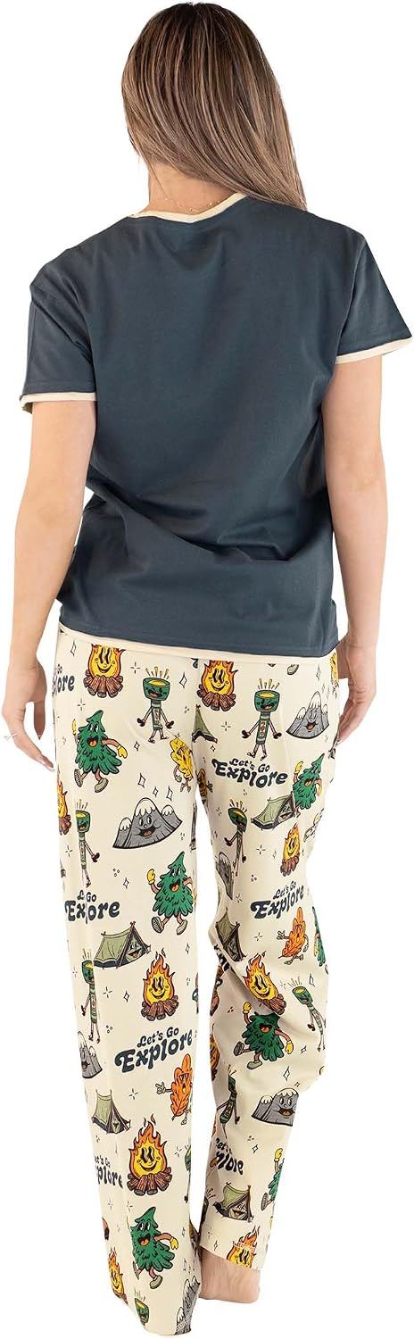 Lazy One Novelty Pajamas Two Piece Set For Women Funny Dog & Cat Sleepwear with Short Sleeve Top & Lounge Pants with Pockets