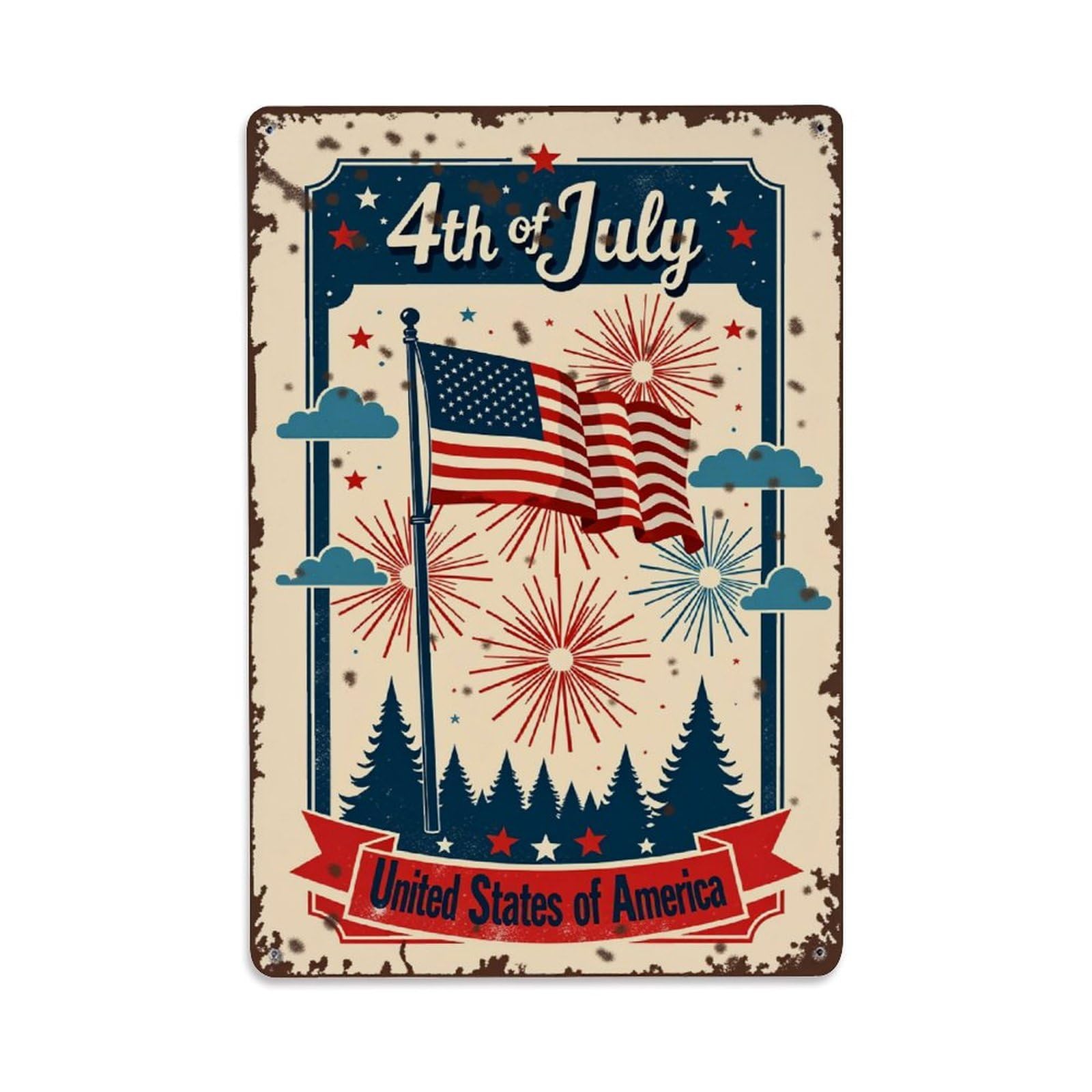 American Flag Fireworks Stars Trees Tin Sign Metal Poster Vintage Metal Signs for Home Man Cave Bar Cafe Kitchen laundry room Wall Decorations Gift 8x12Inch