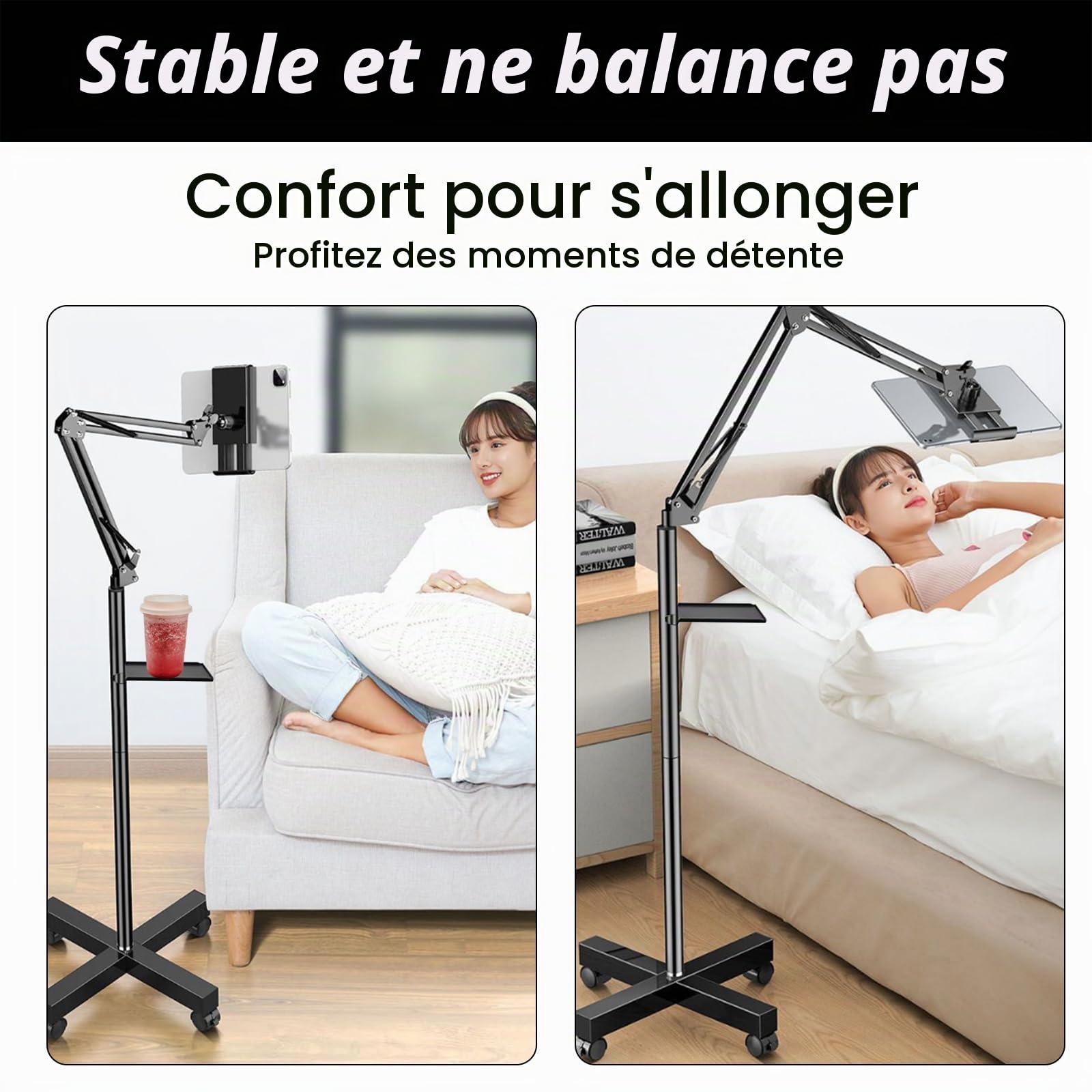 Support de Tablette Réglable col de Cygne avec Roulettes Mouvement Libre pour iPad iPhone Samsung Onglet Smartphone Liseuse