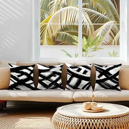 Miniatura 3 de Juego de 4 fundas de almohada bohemias modernas de 18 x 18 pulgadas, almohadas decorativas a rayas blancas y negras para sofá, decoración geométrica