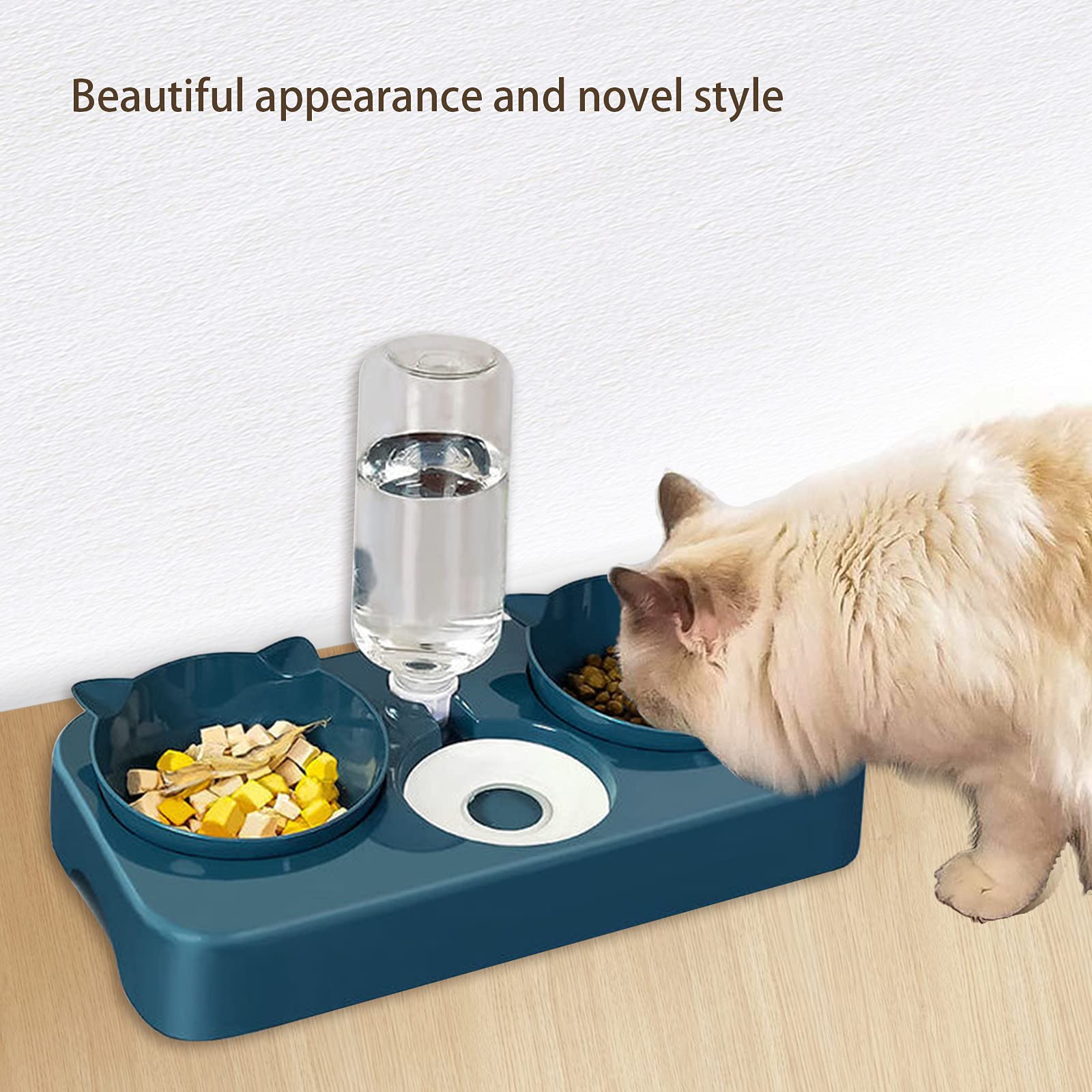 3 en 1 Cuenco del Gato Cuenco,Cuenco Doble para Mascotas,Comedero para Perro Gato,Agua de Gravedad y Cuenco de Comida Doble para Mascotas como Perros y Gatos (Azul)