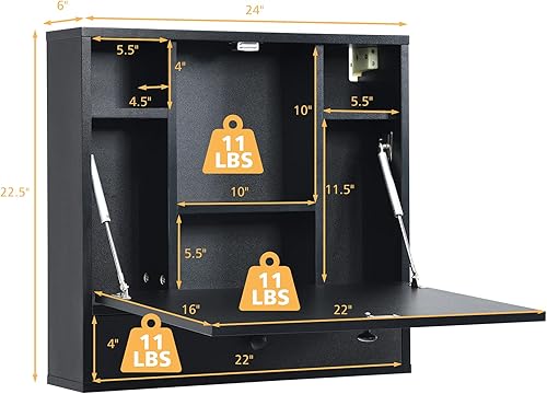 Miniatura 3 de KOTEK Escritorio montado en la pared, escritorio flotante para computadora portátil con cajón de almacenamiento y estantes, armarios de