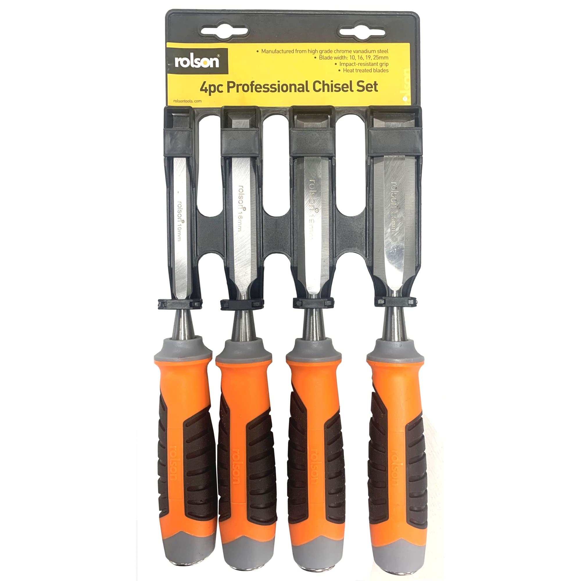 Rolson 56135 4pcs CRV Wood Chisel Set, Black/Orange