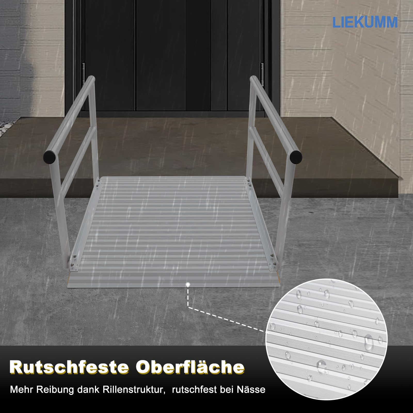 LIEKUMM Rollstuhlrampe mit Handläufen Alu, 91 cm lang Türschwellenrampe | Rampe Rollstuhl Extra Breite, rutschfest Schwellenrampe Für Bordsteinkanten, Scooter, Rollatoren , max. 23 cm Schwellenhöhe