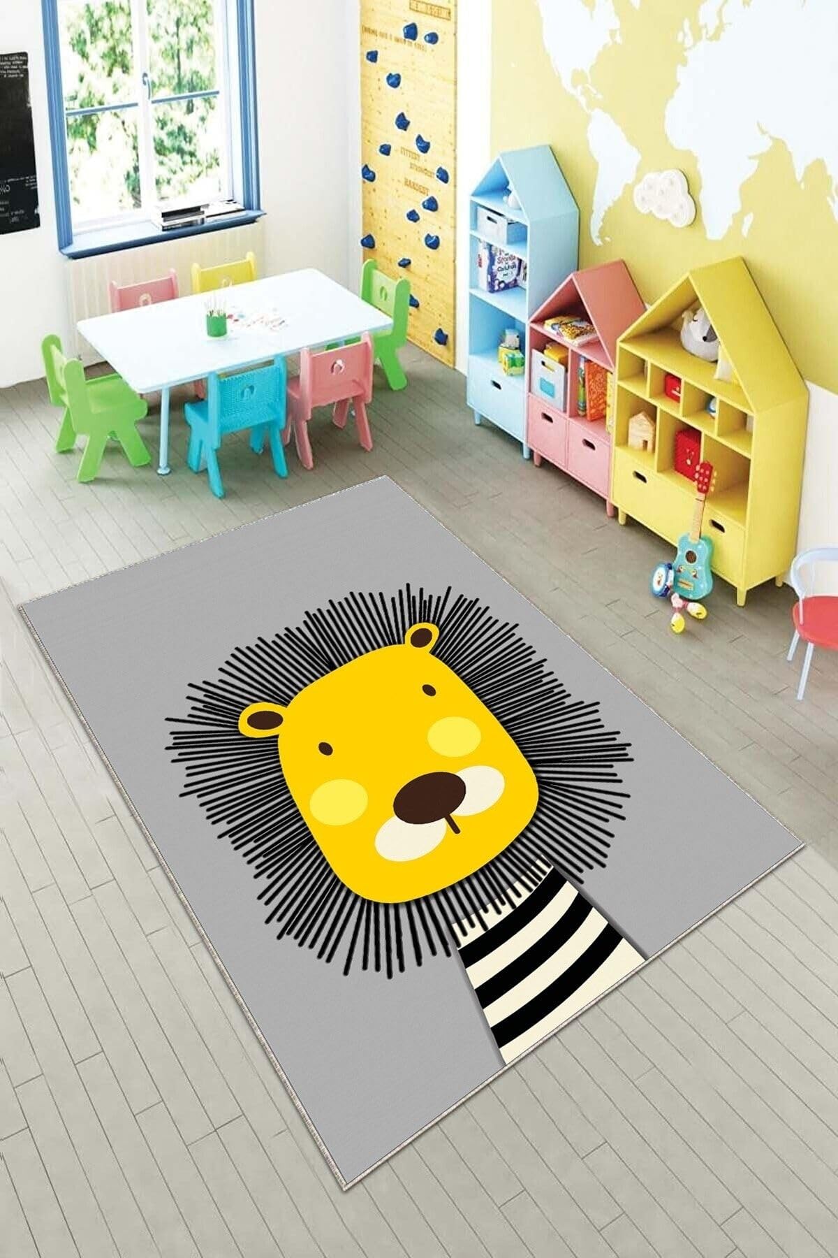 Pelangi Gri Aslan Desenli Yıkanabilir Kaymaz Taban Leke Tutmazbebek Ve Çocuk Odası Halısı, Gri-Sarı 40 x 40
