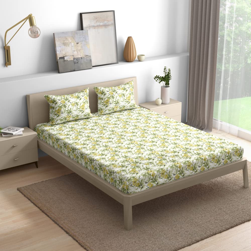 Wakefit Cotton Fitted Bedsheet | 200 TC Elastic Fitted Sheet, King Bed Bedsheet with 2 Pillow Covers | Elenza - 84x72 inches