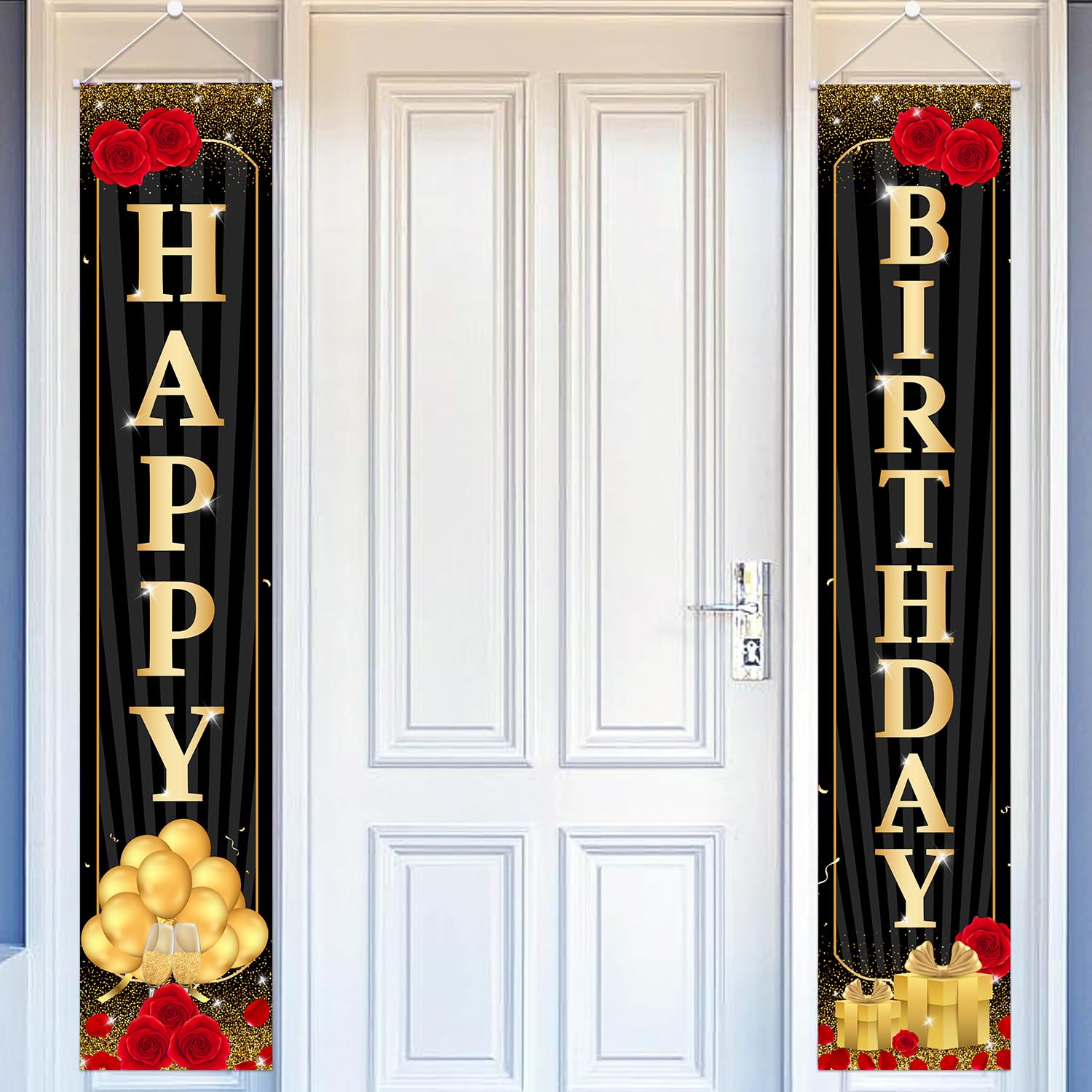 Red Rose Birthday Party Decorations for Women ,Black Gold and Red Rose Happy Birthday Banner Porch Sign Door Hanger for 18th、20th、30th、40th、50th and 60th Birthday Party Decoration Outdoor Indoor Home Front Door Photography Background Flag