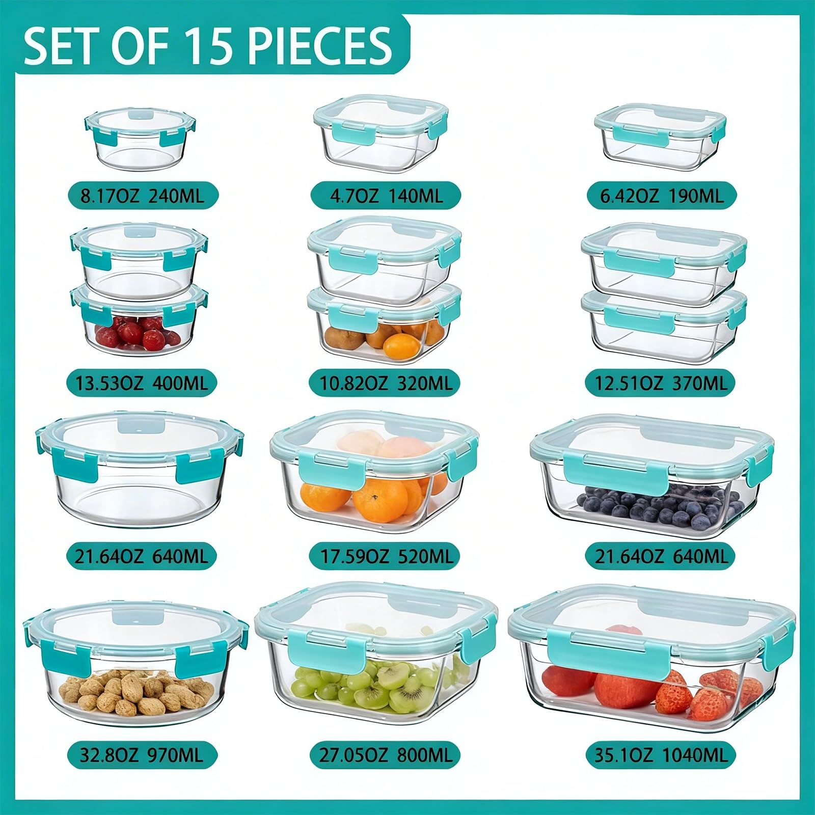 Confezione da 15 contenitori per alimenti in vetro con coperchi, contenitori ermetici per la preparazione dei pasti, scatole bento ermetiche con coperchio a prova di perdite, per microonde