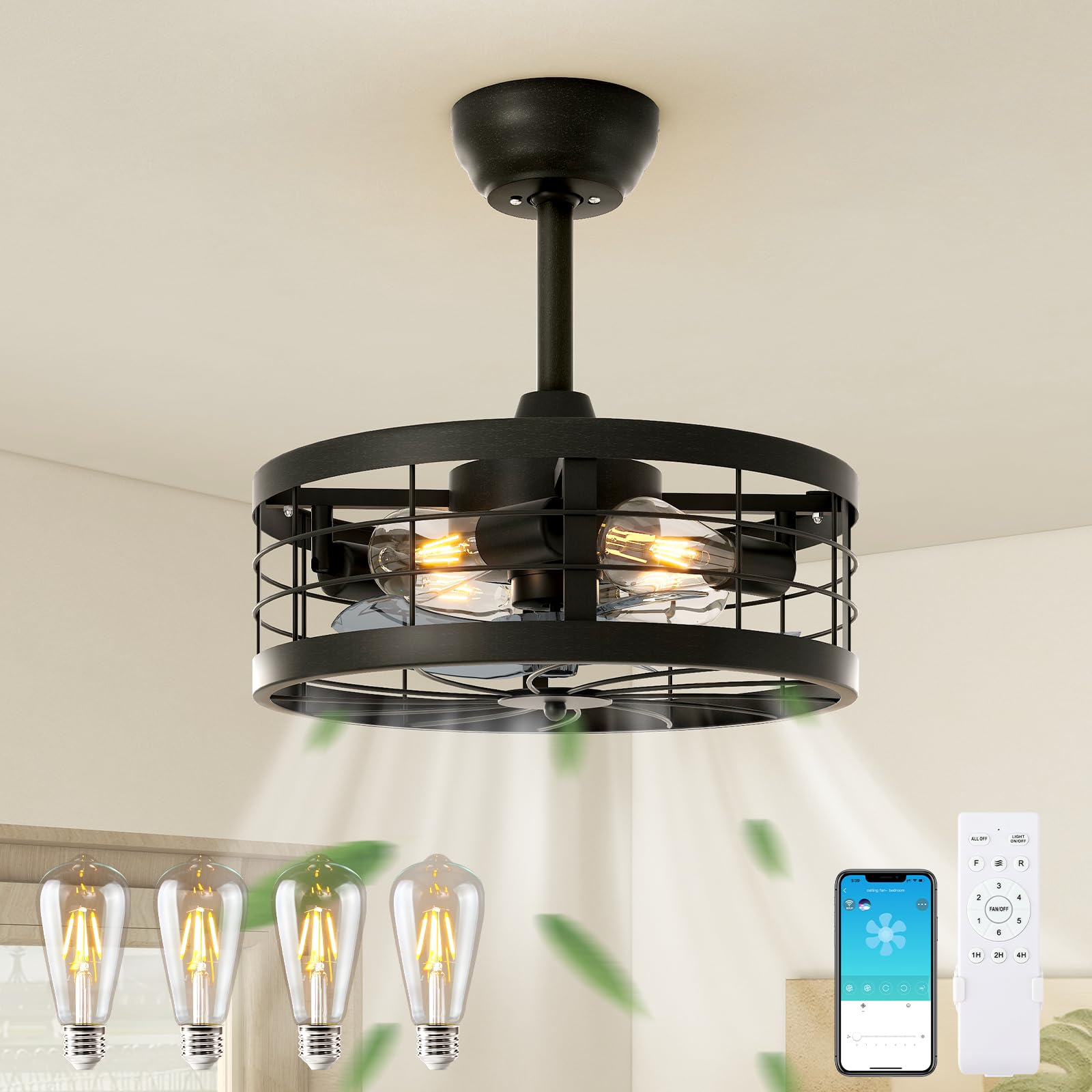 VOLISUN Caged Ceiling Fan with Light,16.5in Black Fandelier Ceiling Fan with Light and Remote,Farmhouse Bladeless Ceiling Fan Lights Fixtures for Kitchen,Bedroom(4 * 2700K Bulbs Included)