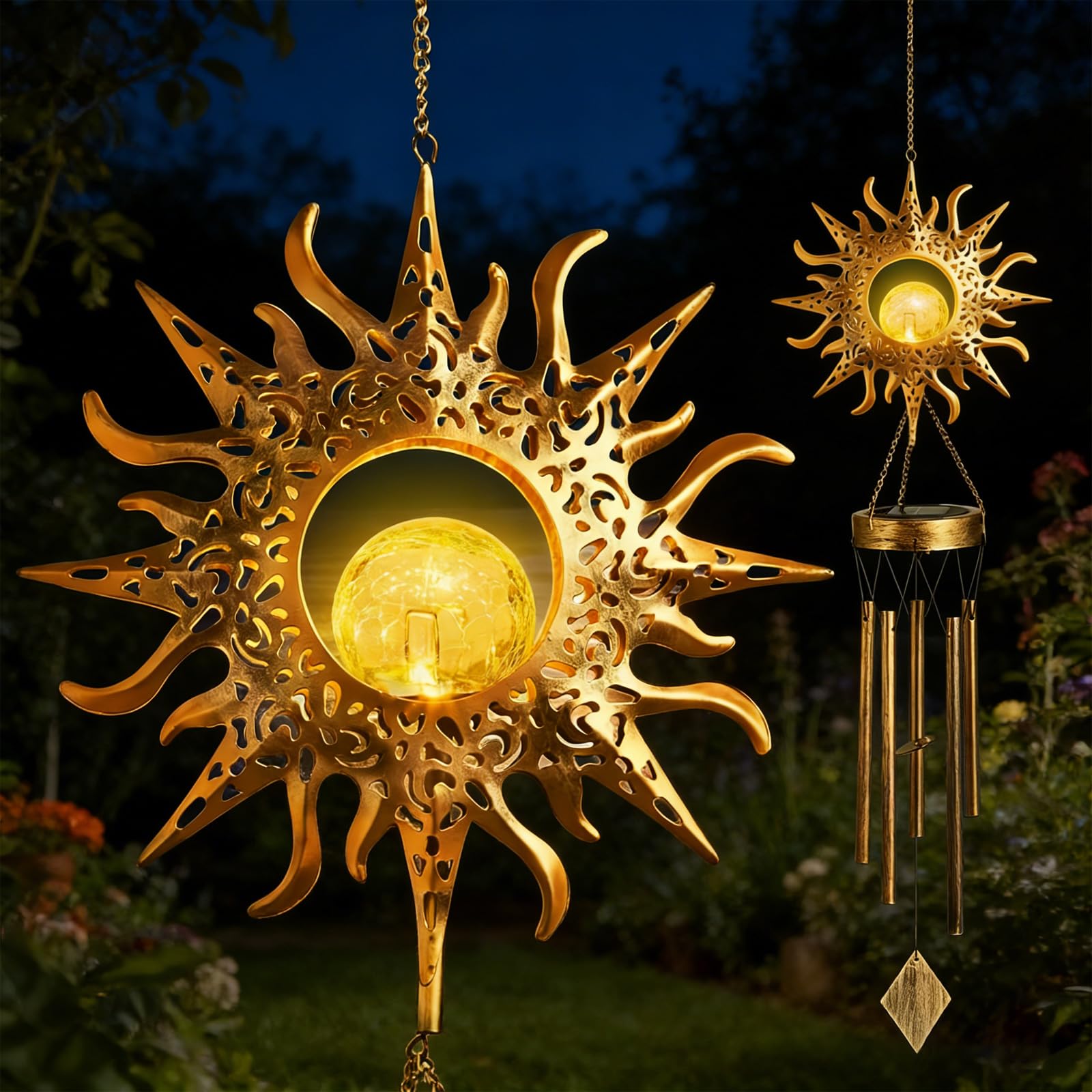 Solar Sun Light Wind Chimes for Outside - LED Sun Garden Night Lights, Waterproof Crackle Glass Ball Wind Chimes, Outdoor Patio Decor, Solar Light for Yard Garden Patio Proch Tree Wall, Gift for Women