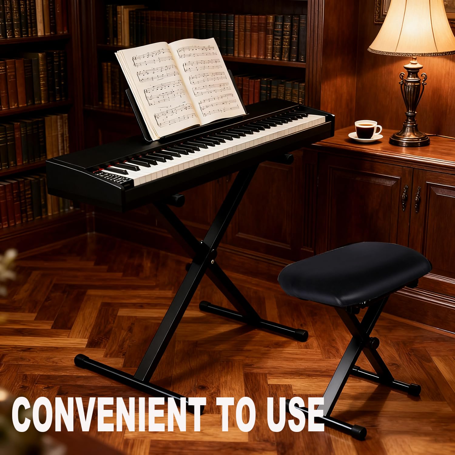 Stands Supports et Pieds de Claviers，Support Clavier Piano，Support pour Clavier et Tabouret pour Piano en X, Banc Clavier rembourré 4 Positions réglables，Keyboard 7 Positions Réglables en Hauteur
