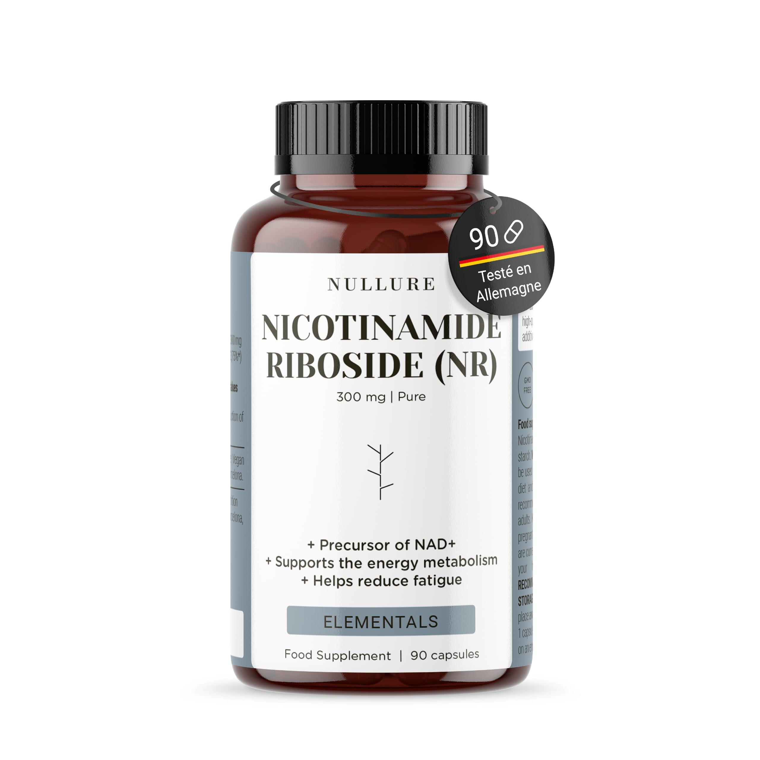 Nullure Nicotinamide Riboside (NR) 300mg | Sans stéarate de magnésium et sans additifs | Précurseur de la NAD+ | 300mg Testé en laboratoire allemand | Vegan | Antifatigue · Anti-âge | 90 gélules