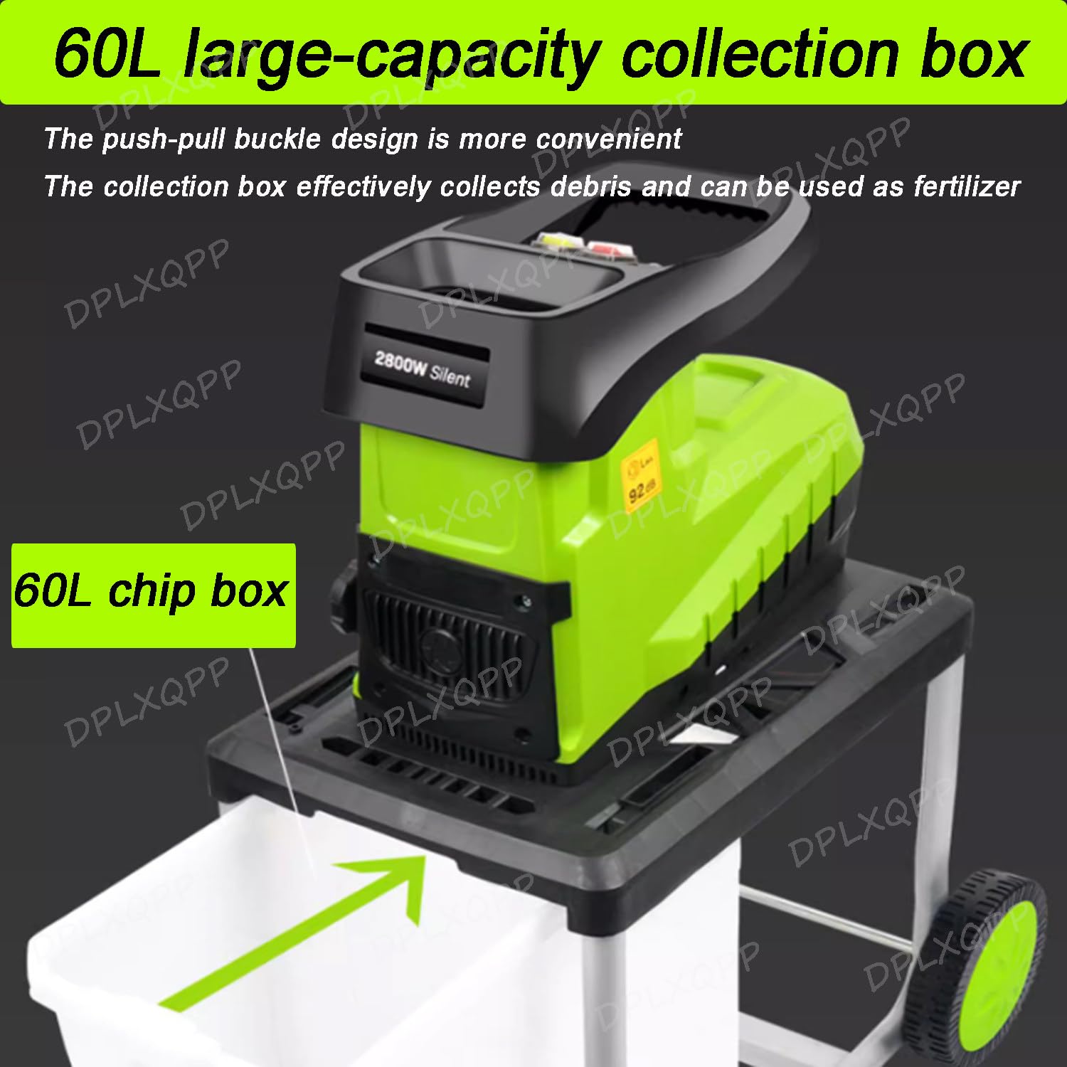 Trituradora eléctrica de madera de 2800 W, contenedor de 60 L, cabezal de corte templado, diseño compacto (105 x 62,5 x 45 cm), jardinería ecológica, incluye alambre de 20 m