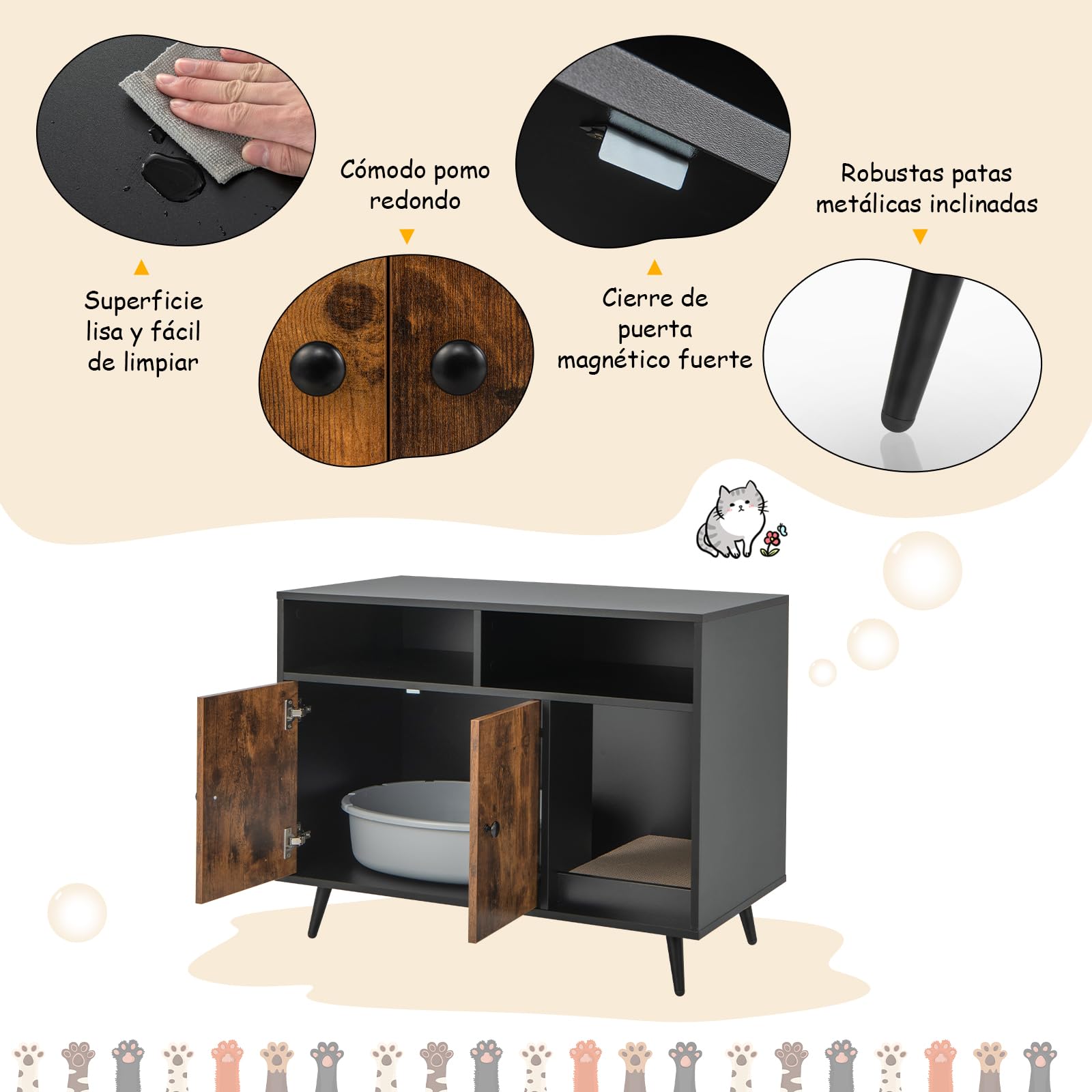 GOPLUS Caja de Arena para Gatos, Mueble Arenero Escondido con Doble Puerta, Compartimentos y Tablero Rasca, Casa de Mascotas de Interior, Lavabo Oculto para Gatos, Estilo Industrial, 90 x 50 x 70 cm