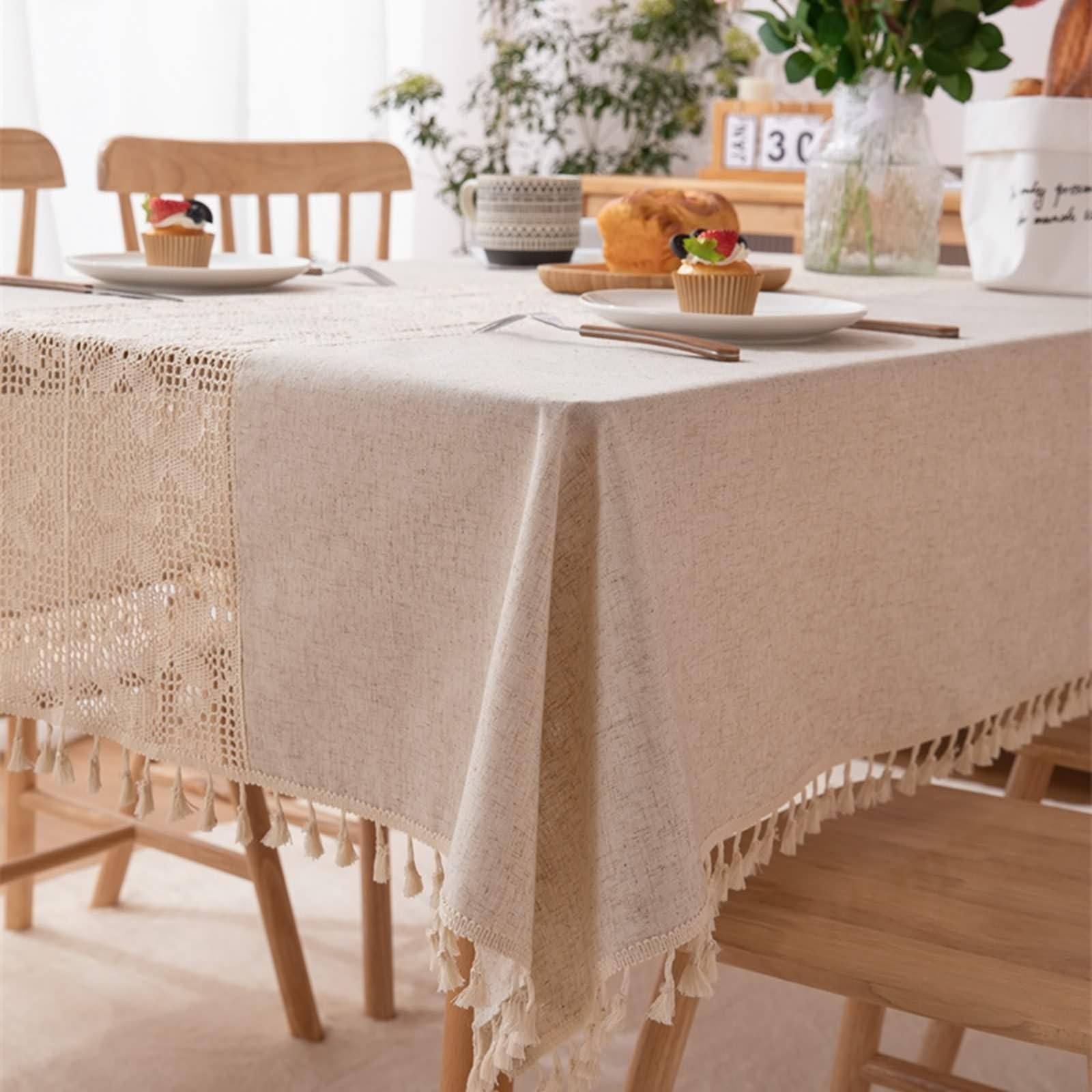 Tovaglia Elegante e raffinata tovaglia Rettangolare all'Uncinetto 120x56 Pollici per Sala da Pranzo in Poliestere per 8-10 Persone con Motivo a Farfalla e Frange 140x300 cm (Larghezza x Lunghezza)