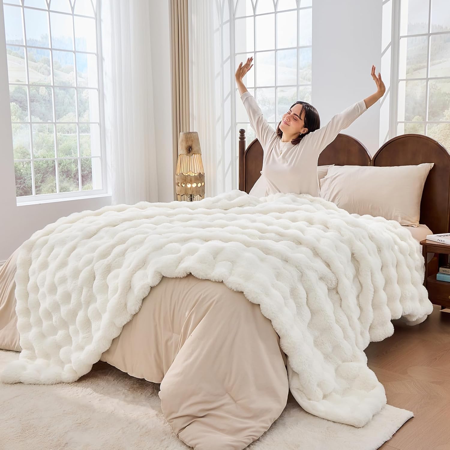 Fluffy Blanket for Couch Soft Luxury Faux Rabbit Fur Throw Blanket Cozy Fuzzy Plush Bubble Thick Warm Decorative Throw for Bed, Sofa (Twin Size 60''x80'', Cream White) - Image 4