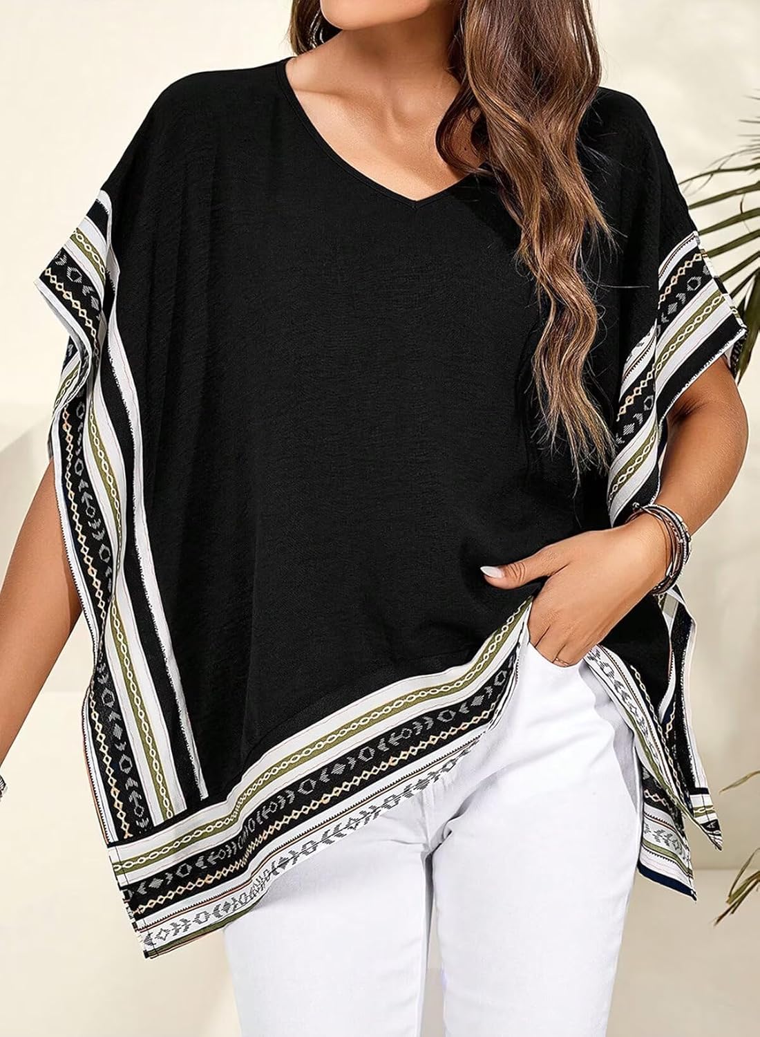 Women's Casual V Neck Floral Tops Batwing Sleeve Blouse Loose Fitting Shirts Boho Flowy Side Slit Tees - Image 5