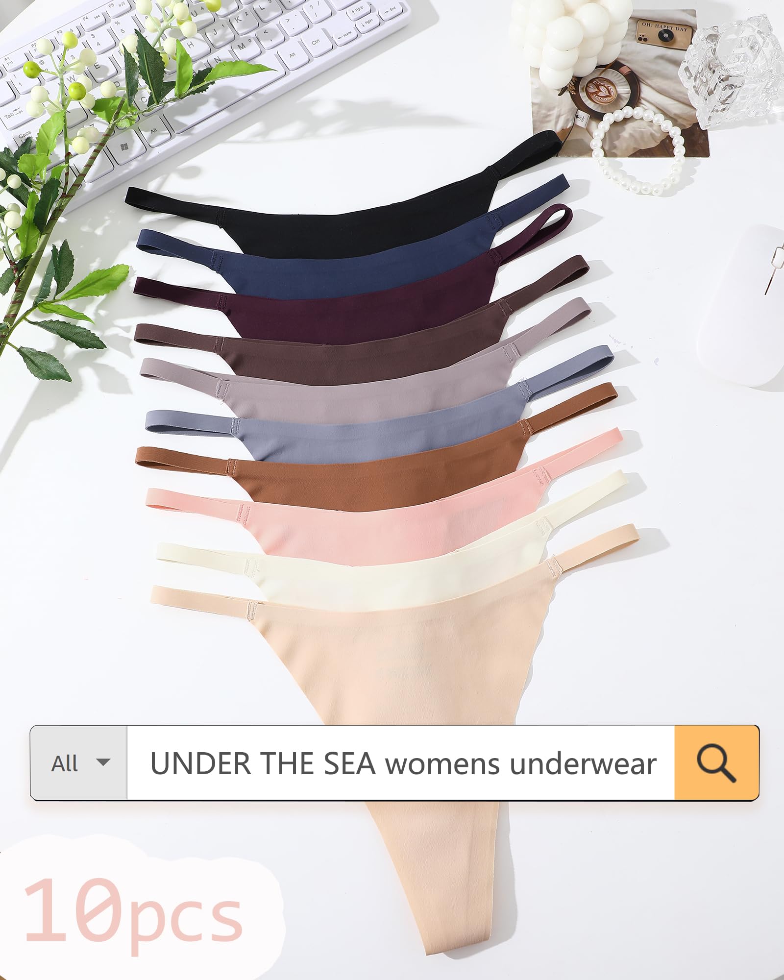 UNDER THE SEA 10 Pack G String Thongs for Women Seamless Underwear Low Rise No Show Thong Stretch Womens Panties Sexy XS-XL