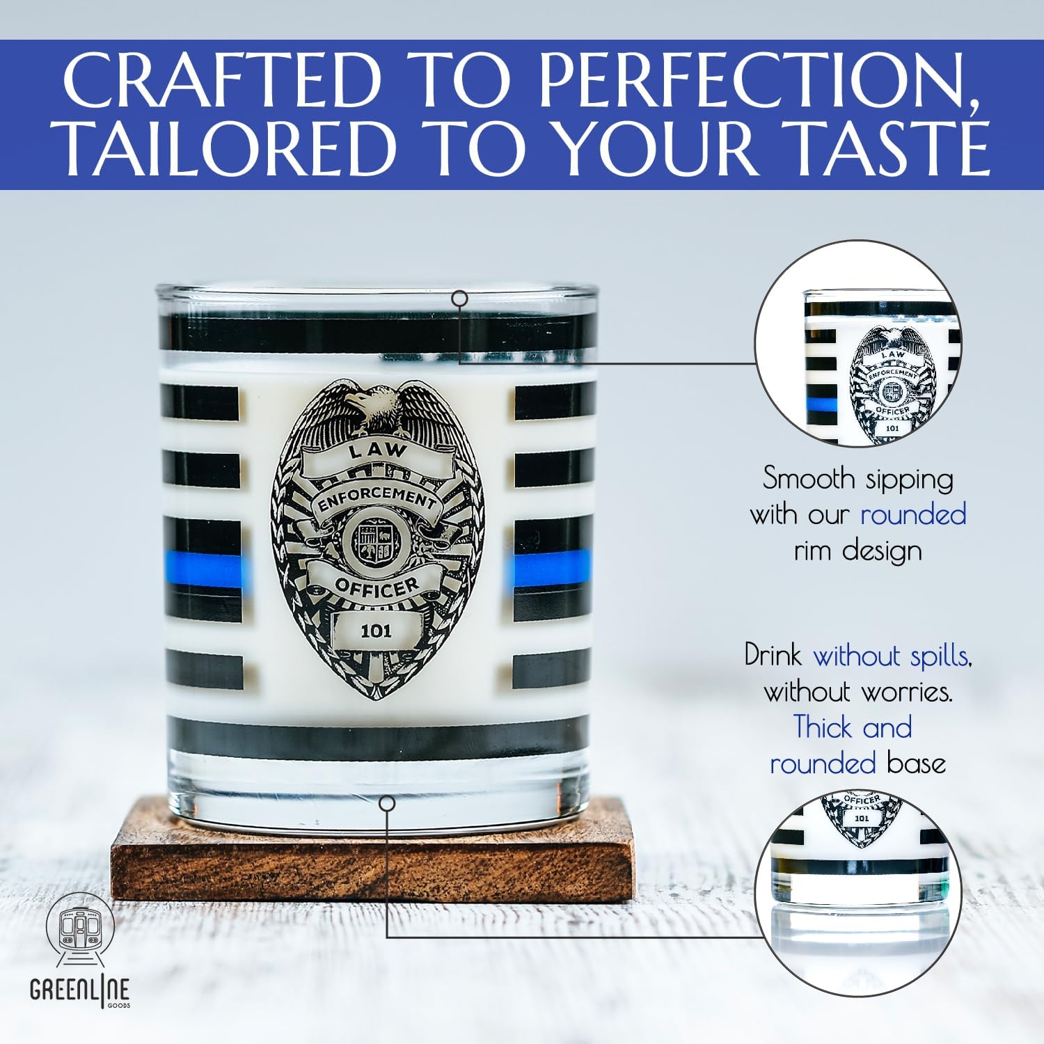 Greenline Goods Thin Blue Line Police Officer Whiskey Old Fashioned Glasses (Set of 2) - 10 oz - Classic Drinkware with Law Enforcement Flag Graphics - Shows Support for First Responders - Image 5