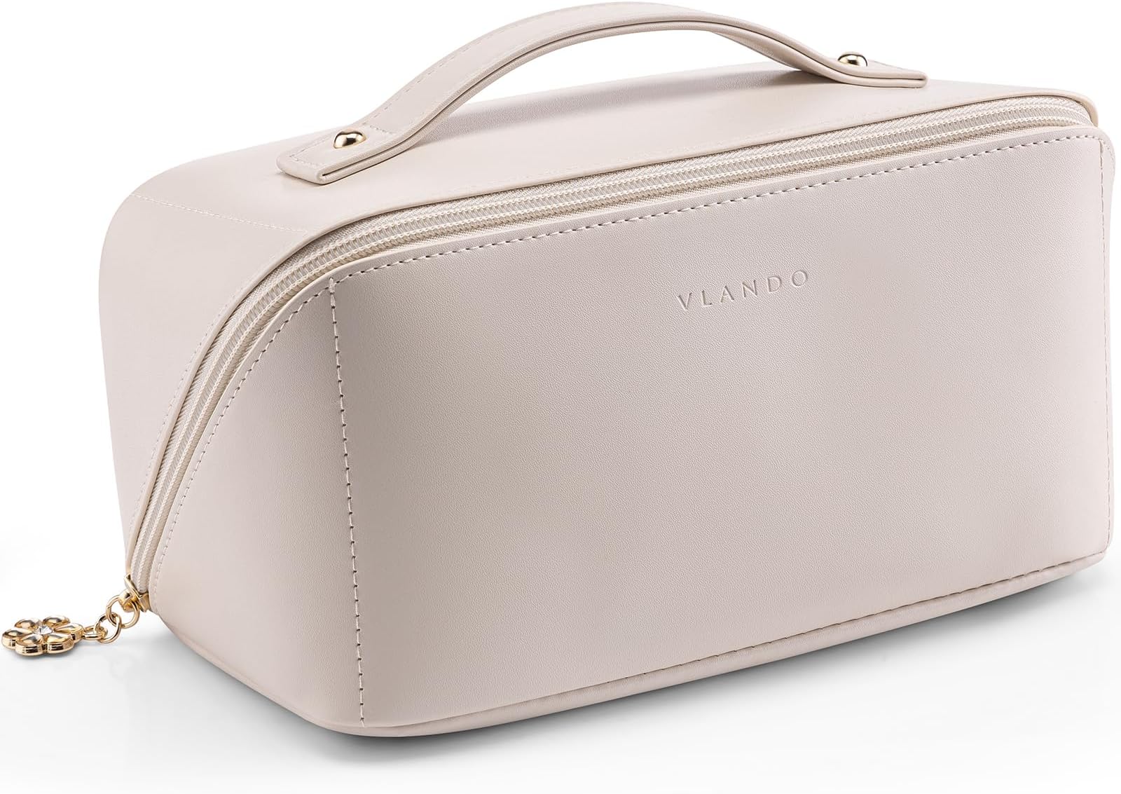 VLANDO Makeup Bag,Travel Toiletry Bag,Cosmetic Bag for Women PU Leather Portable Make up Bag for Skincare, Brushes & Travel Essentials-Off White