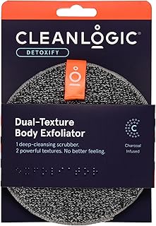 Cleanlogic Detoxify Purifying Charcoal Infused Exfoliating Body Scrubber, Dual-Texture Round Exfoliator Tool for Smooth, Clean Skin, Daily Skincare Routine, 1 Count