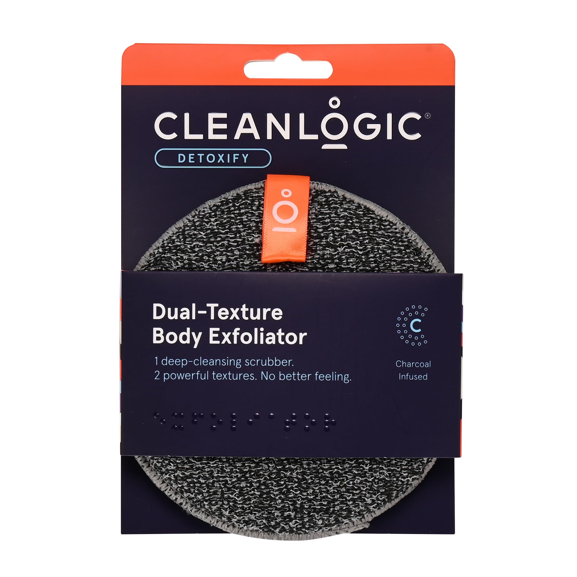 Cleanlogic Detoxify Purifying Charcoal Infused Exfoliating Body Scrubber, Dual-Texture Round Exfoliator Tool for Smooth, Clean Skin, Daily Skincare Routine, 1 Count