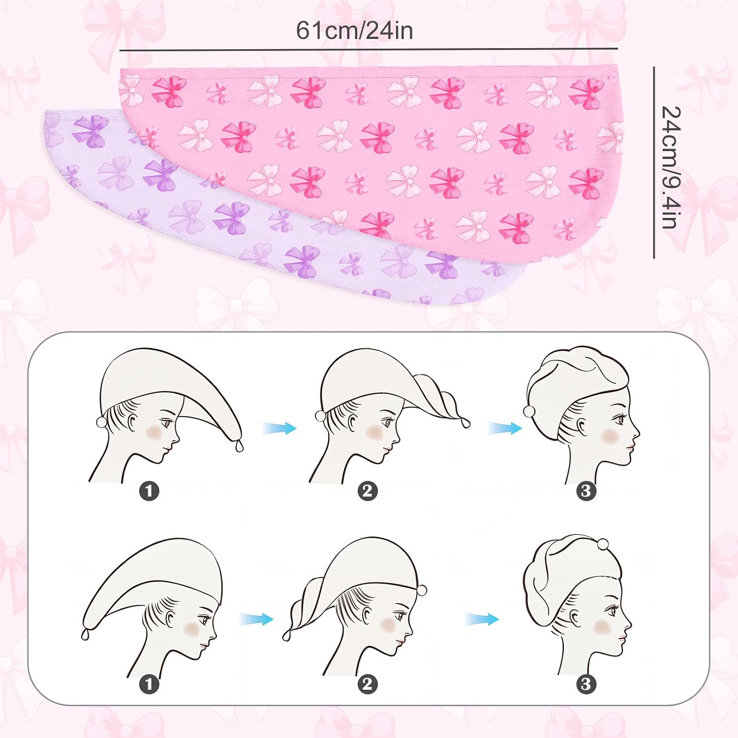 Microfiber Hair Towel Wrap for Kids 2 Pack Quick Drying Hair Towels with Button Hair Turbans for Wet Hair Absorbent Quick Dry Wraps Head Towel Wrap for Women and Girls, Pink Purple Bow