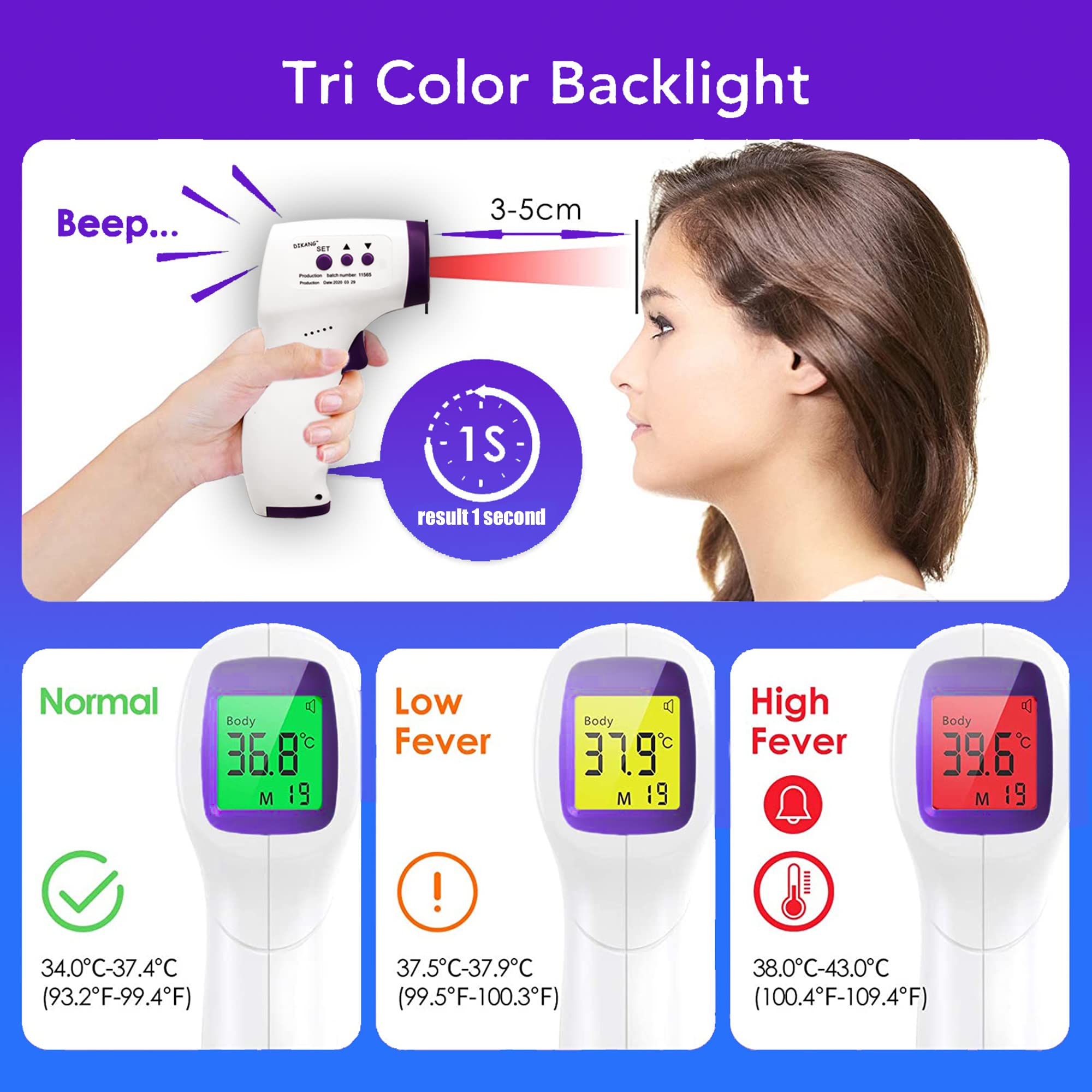 Termómetro infrarrojo digital sin contacto – Termómetro láser para detección de fiebre temperatura con pantalla – Luz verde, amarilla y roja – Uso médico, hogar, niños, empresa – Termoscanner