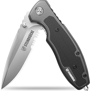 Elemake Pocket Knife for Men - Camping Knife with Clip and Glass Breaker, 3.4" Serrated Blade Sandvik 14C28N Stainless Steel, EDC Folding Knives Gift for Men