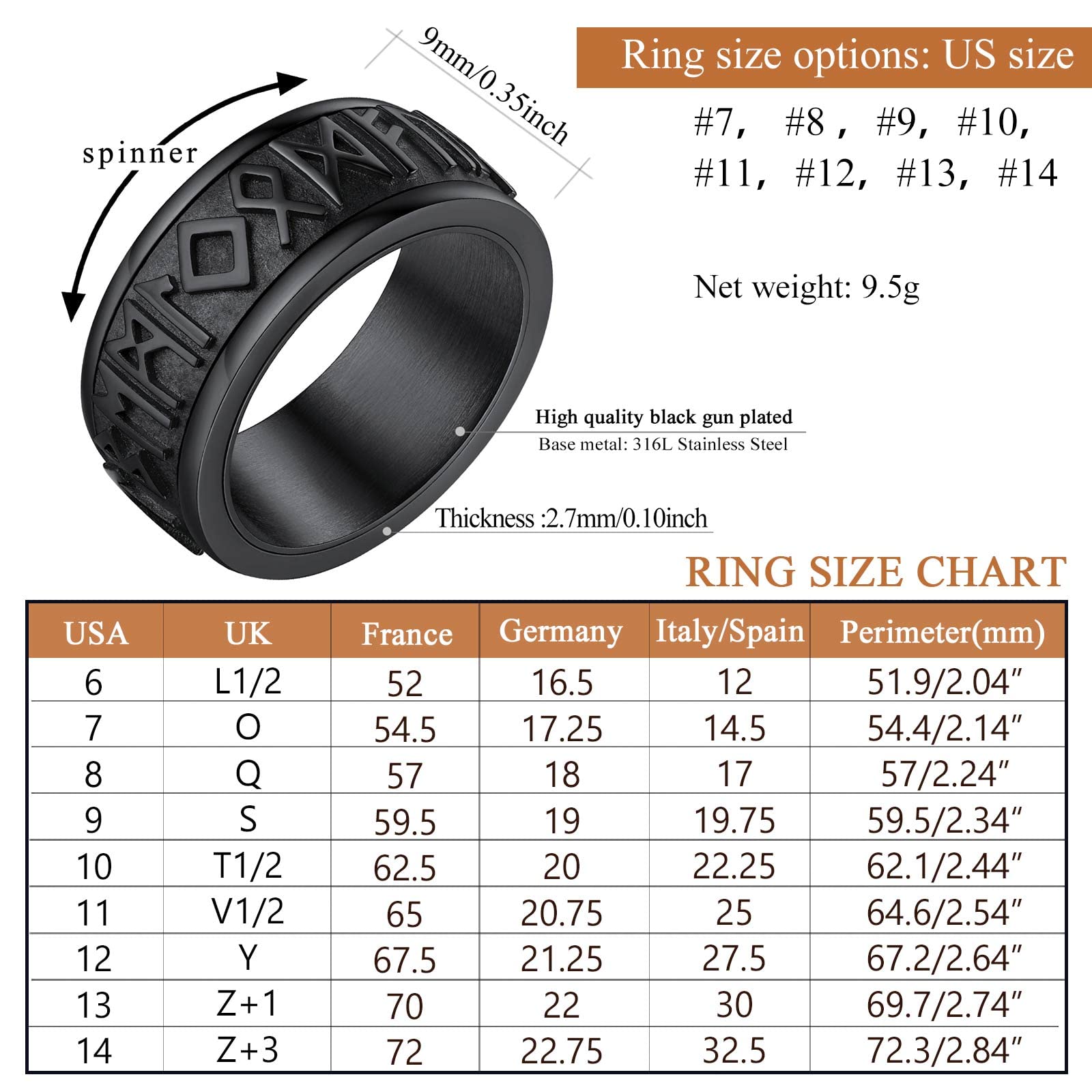 FindChic Anello Antistress Girevolo Uomo con Rune Nordiche, Anello Spinner in Acciaio Inossidabile Oro/Nero/Argento 14.5-32.5 Gioiello Runico Vichingo per Ansia