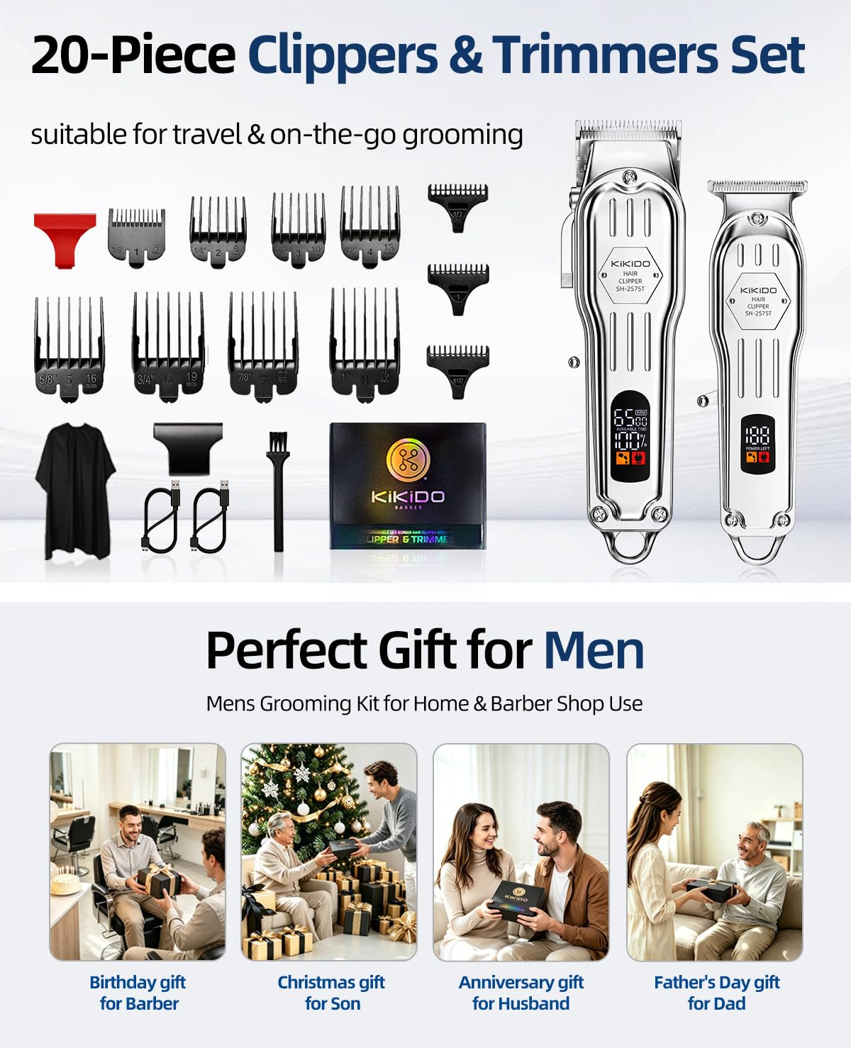 KIKIDO Cortapelos profesional inalámbrico para hombres, kit de corte de pelo con pantalla LCD inalámbrica, máquina de corte de pelo recargable para la familia (plateado)