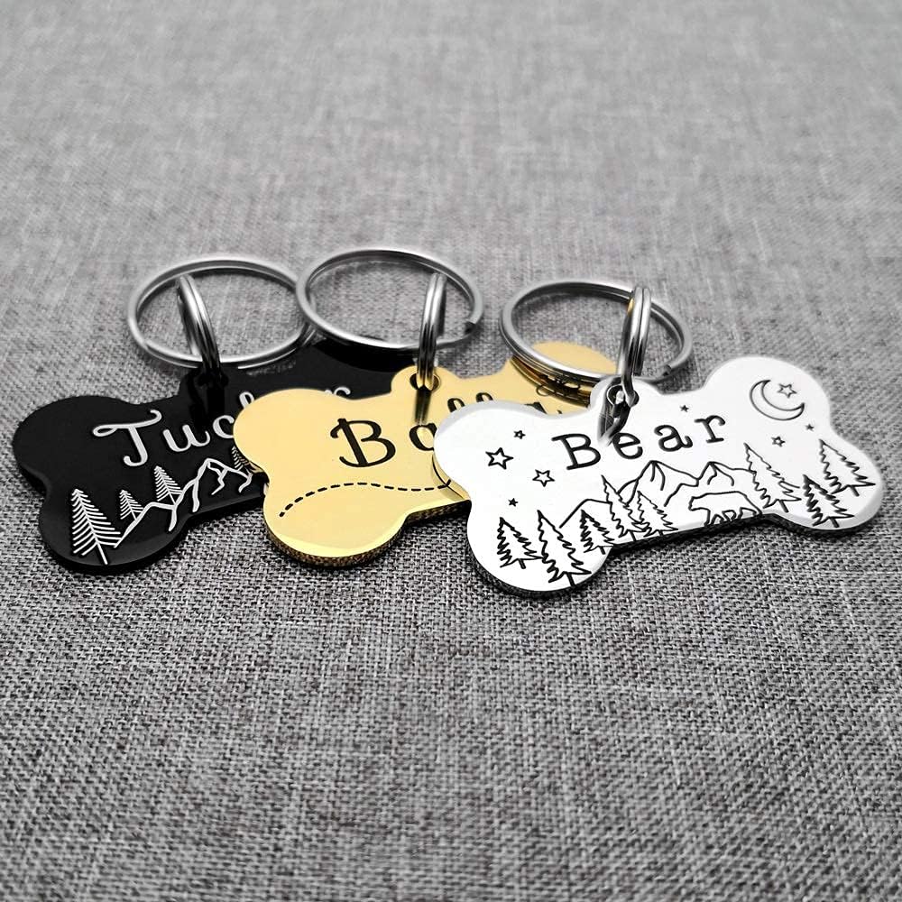 YiXiEr Personalized Cat Tags, Dog Tags Front and Back Engraved, Stainless Steel Pet ID Tags Various Designs and Colors - Bone, Round