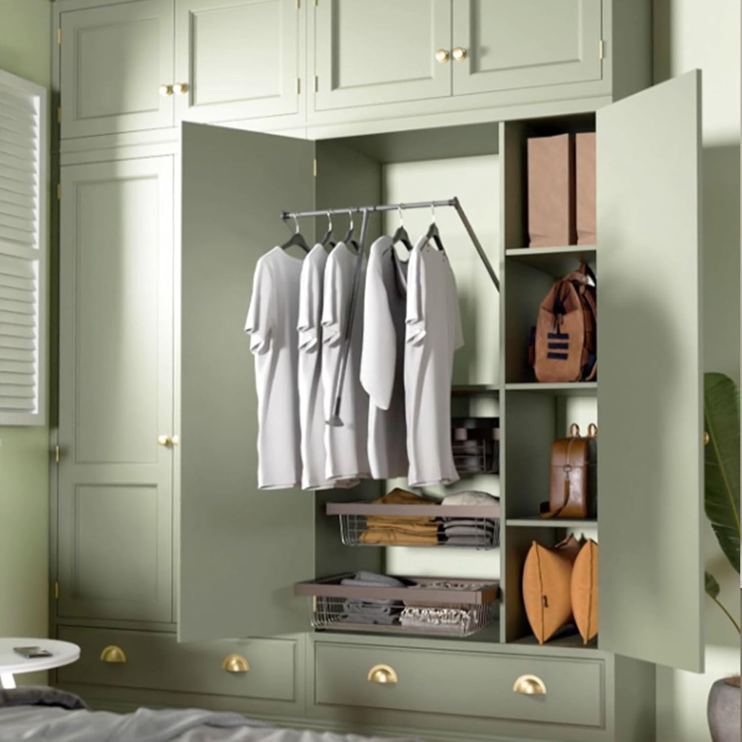 Adjustable Pull Down Closet Rod Organizer, Side Mounted Garment Rack, Soft Close Wardrobe Lift Rail, 44 Lbs Capacity, Space-Saving Storage Solution for Easy Access