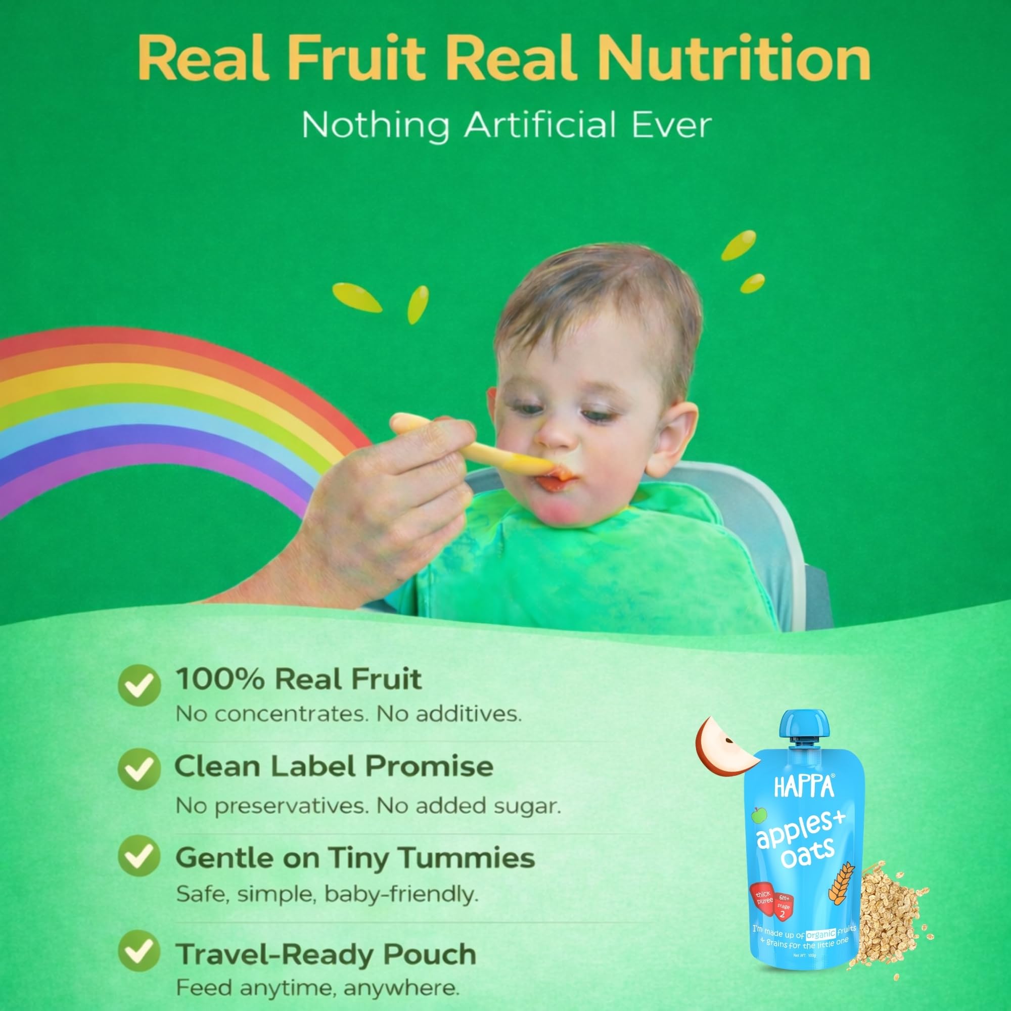 Happa Organic Baby Food Apple and Oats Puree | 100% Fruits and Oats | No Added Sugar, No Milk Powder, No Preservatives | Stage 2 (6 Months+) | Ready to Eat | Free from Common Allergens | Pack of 1 (100g Each) 3