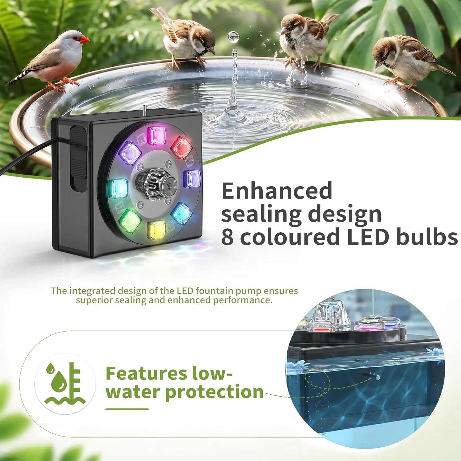 Forever Speed 8W LED Fontaine Solaire pour L'extérieur avec Batterie 1800mAh, Fontaine Solaire pour L'extérieur pour Bain d'oiseaux Balcon, Jardin, Pompe à Eau Solaire pour Fontaine