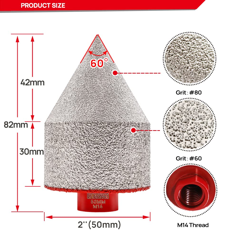 DT-DIATOOL Broca biselada de diamante para biselar, ampliar, recortar agujeros existentes de azulejos de cerámica de porcelana, piedra de mármol de granito, diámetro de 50 mm, rosca M14, 2 unidades