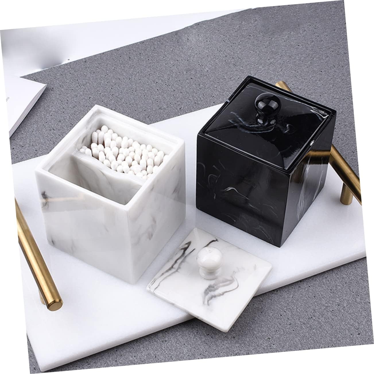 2pcs Double Grids Resin Marble Grain Pattern Cotton Swab Storage Box Makeup Cotton Holder Lid for Home