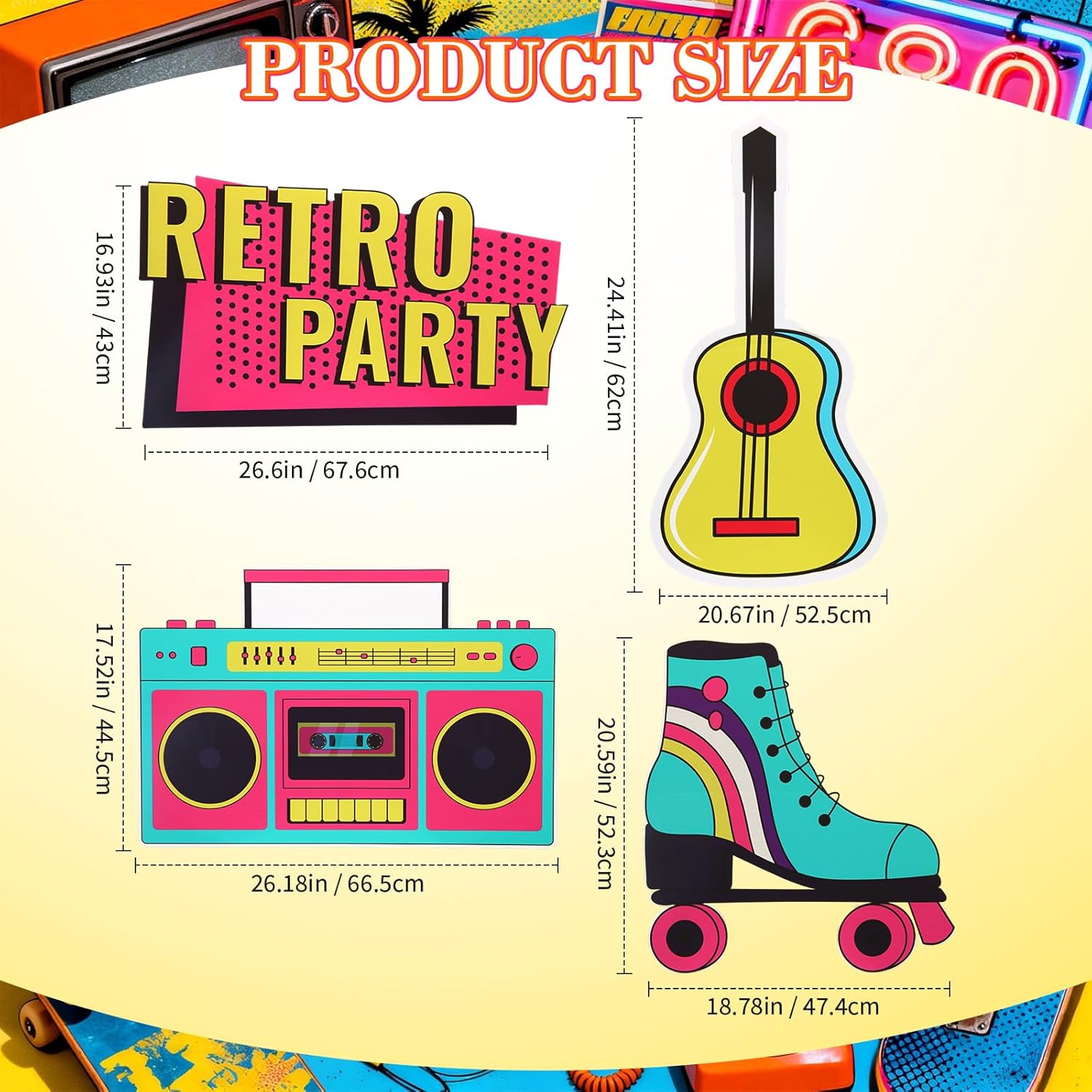 Honoson 4 Pcs Large 24" x 32" Retro Party Cardboard Cutouts, 80s 90s Party Yard Signs Decoration for Birthday Supplies Themed Lawn Classroom Yard Decor