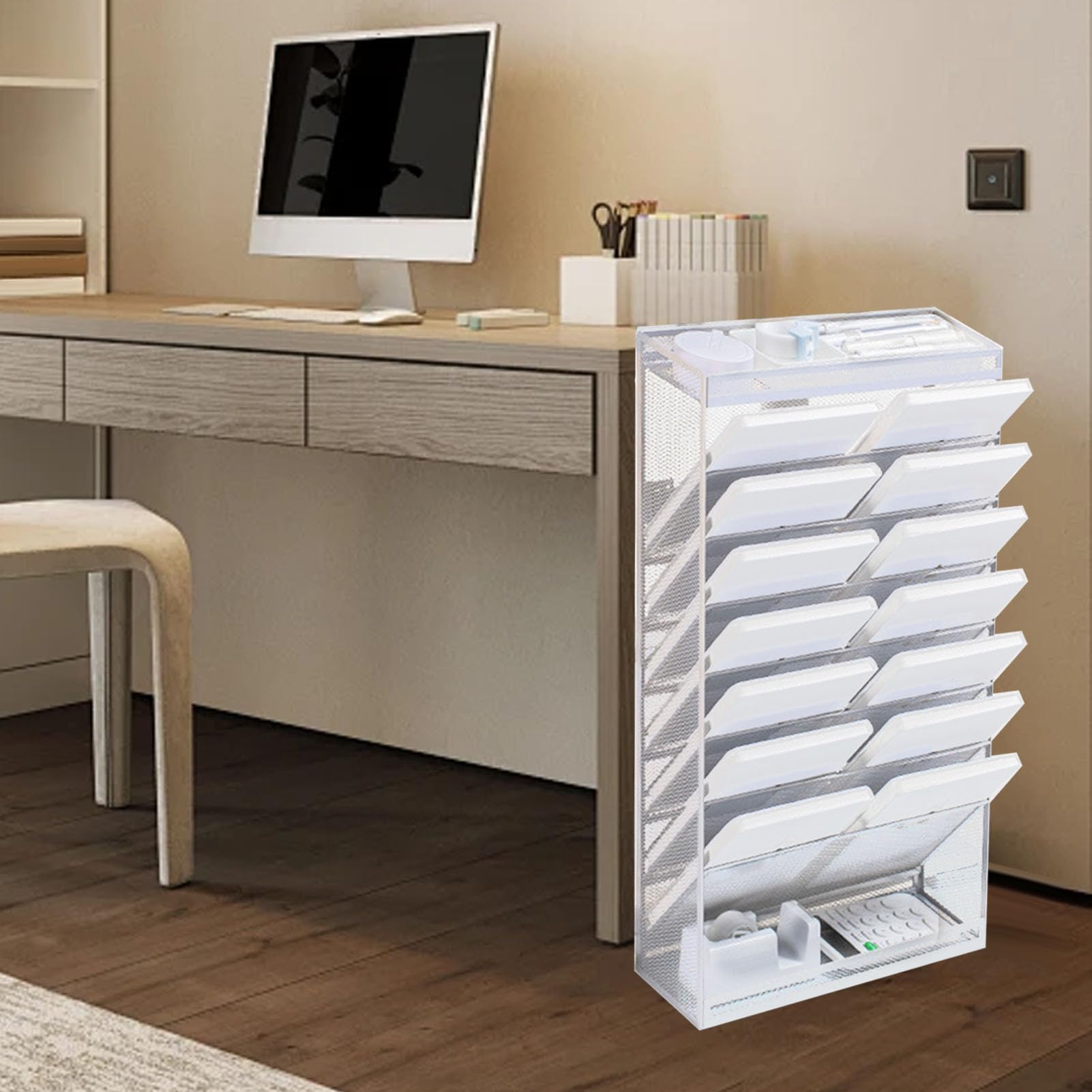 Organizzatore di File a 9 Livelli Realizzato in Maglia di Ferro Spessa, Rack a Parete Mobile con Ruote, Organizzatore di Documenti per Ufficio, Casa, Design Verticale per la