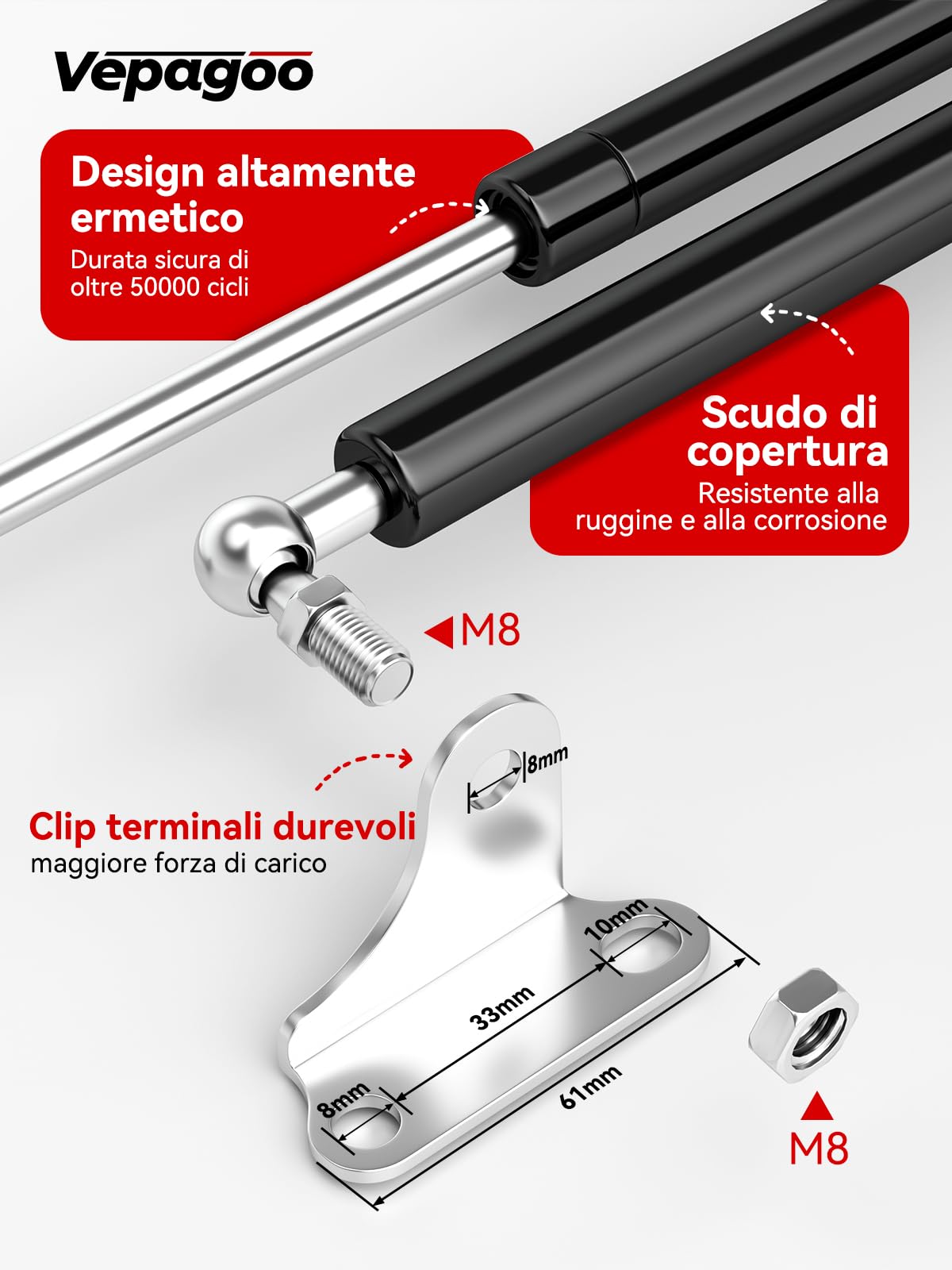 Vepagoo Molla a Gas 380MM 300N/31KG Universale Pistone a Mobili Gas Ammortizzatore, con Supporto a Forma di L per Mobile TV, Letto Contenitore, Finestra, Porte e Altri Progetti DIY, 2 PCS