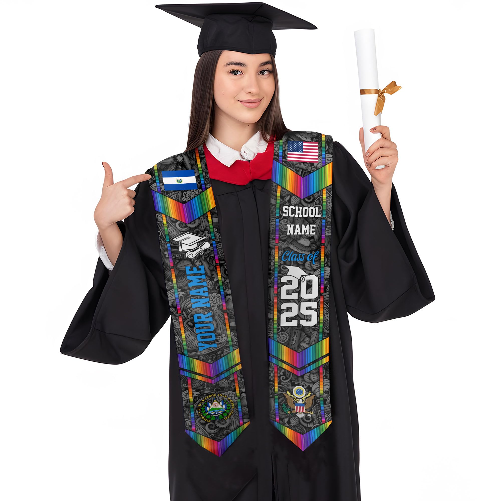 MonkeyVan Custom El Salvador Graduation Sash, El Salvador Stole, Salvadorans Graduation Sash 2025, El Salvador Flag Grad Stole Esvd 1