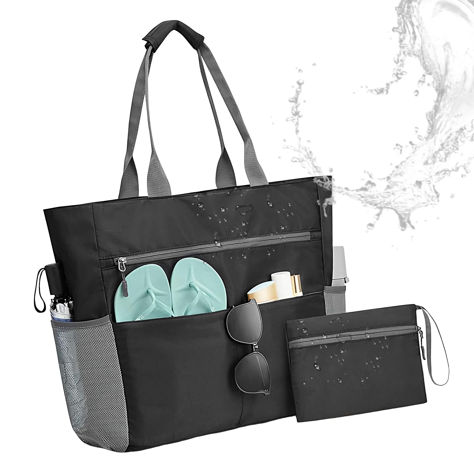 Sac de plage – Sac fourre-tout imperméable pour épicerie pique-nique | Organiseur résistant au sable pliable pour les vacances, les bouteilles d'eau, les lunettes de soleil, la piscine, les femmes
